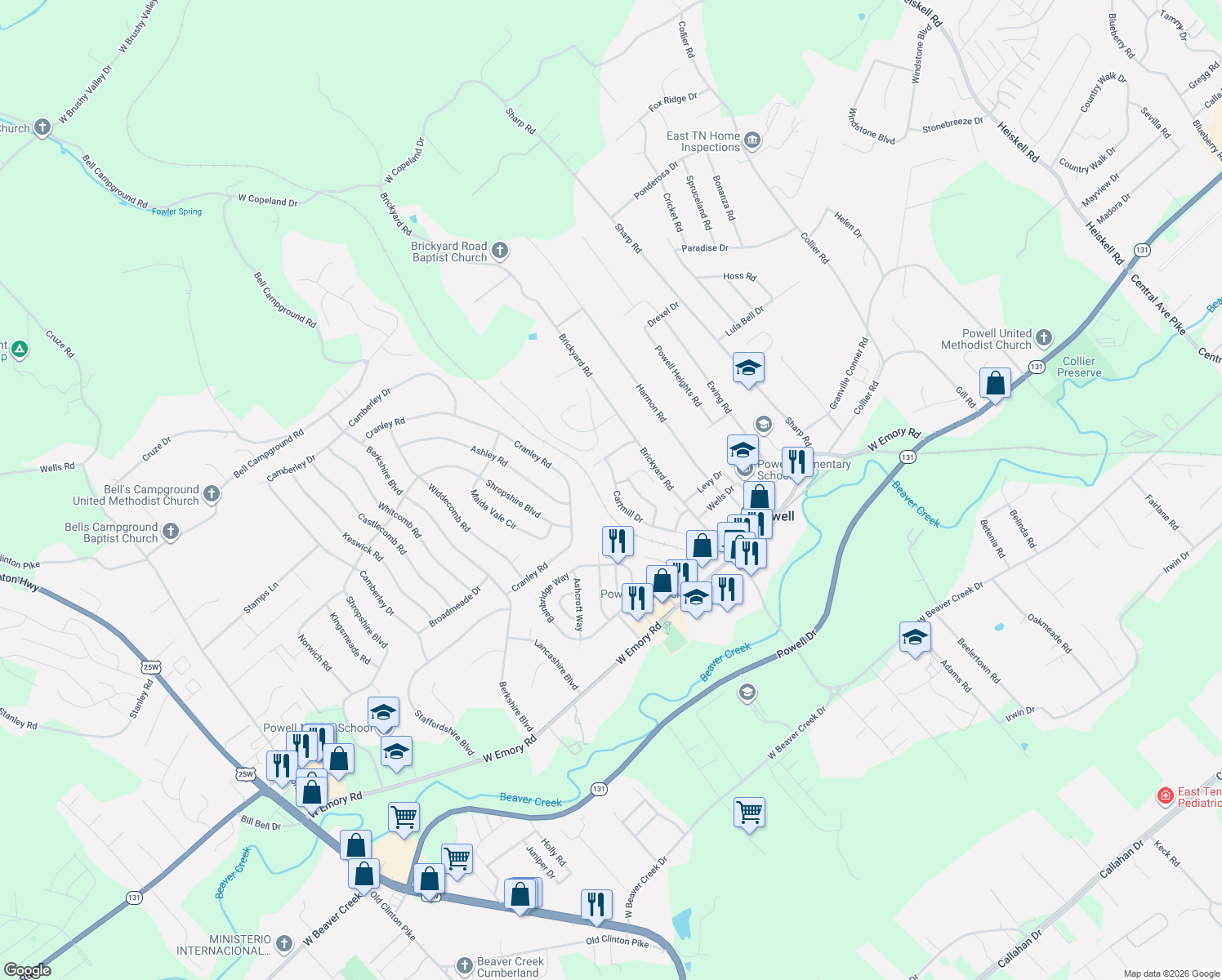 map of restaurants, bars, coffee shops, grocery stores, and more near 2210 Cartmill Drive in Powell