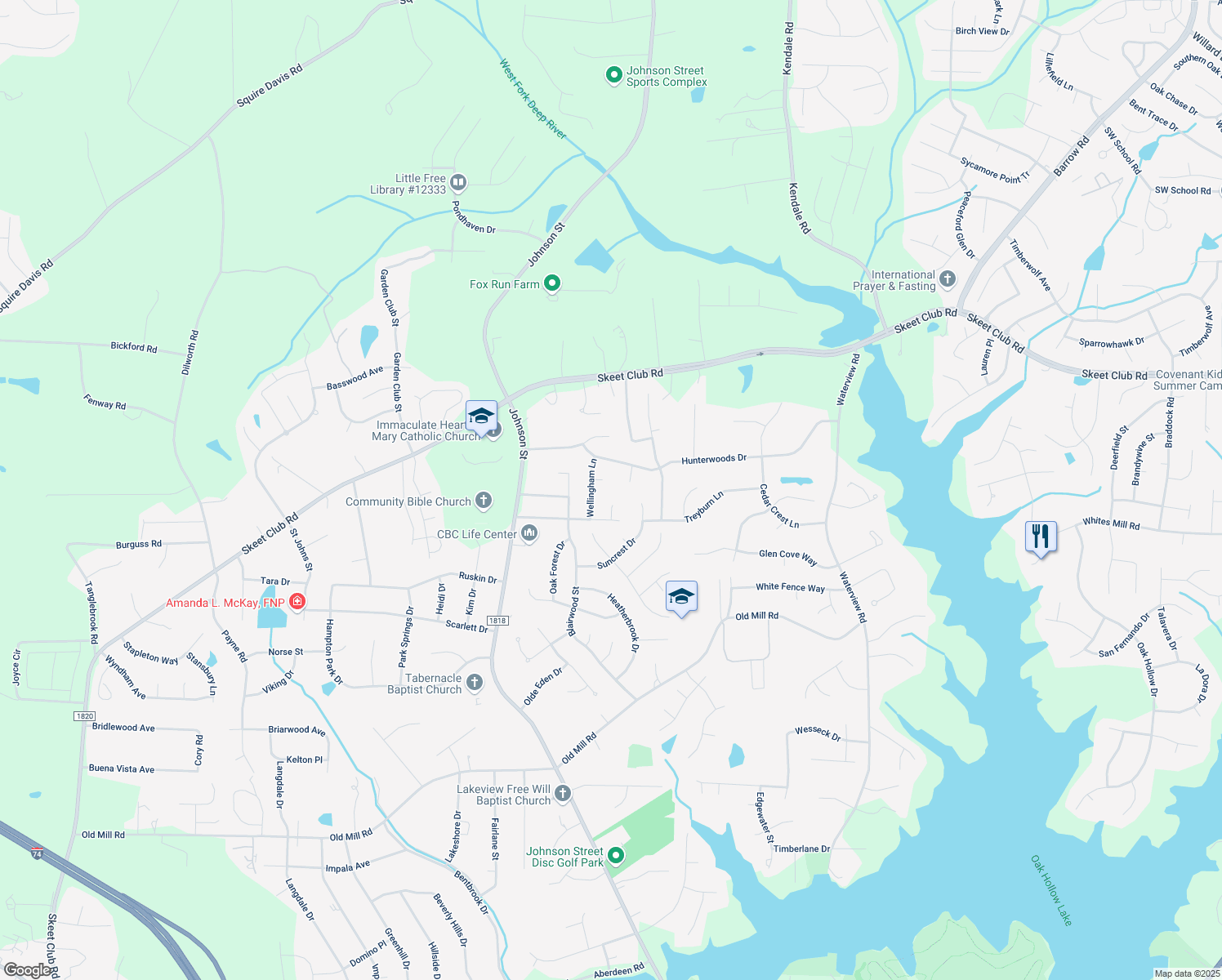 map of restaurants, bars, coffee shops, grocery stores, and more near 1706 Crinan Court in High Point