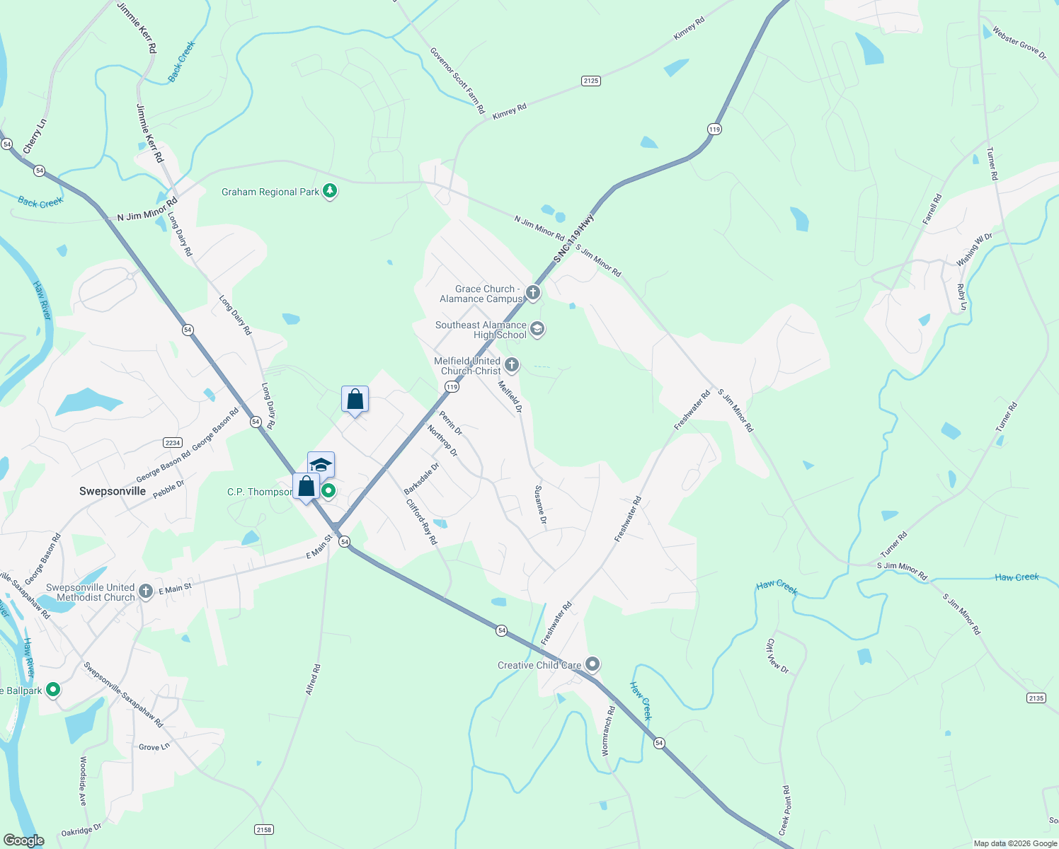 map of restaurants, bars, coffee shops, grocery stores, and more near 2256 Melfield Drive in Haw River