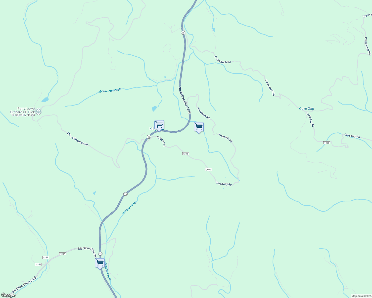 map of restaurants, bars, coffee shops, grocery stores, and more near North Carolina Highway 16 in Wilkesboro