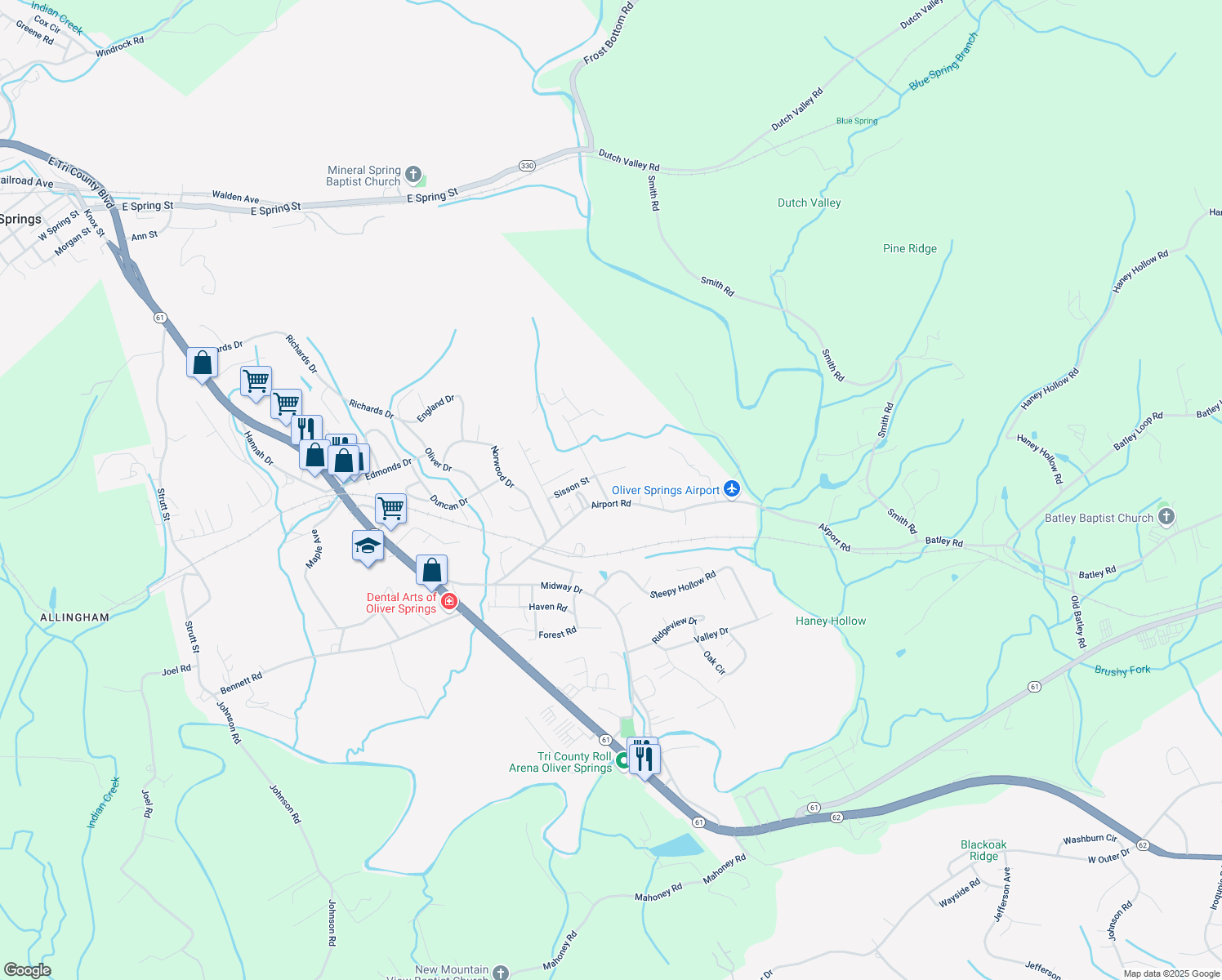 map of restaurants, bars, coffee shops, grocery stores, and more near 540 2nd Norway Lane in Oliver Springs