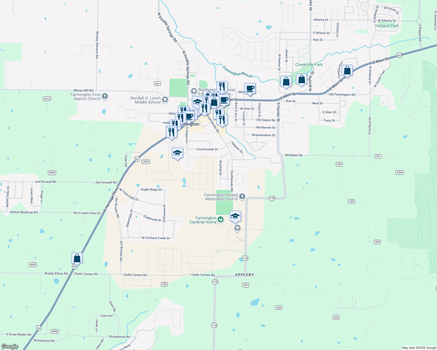 map of restaurants, bars, coffee shops, grocery stores, and more near 267 Briarhill Drive in Farmington