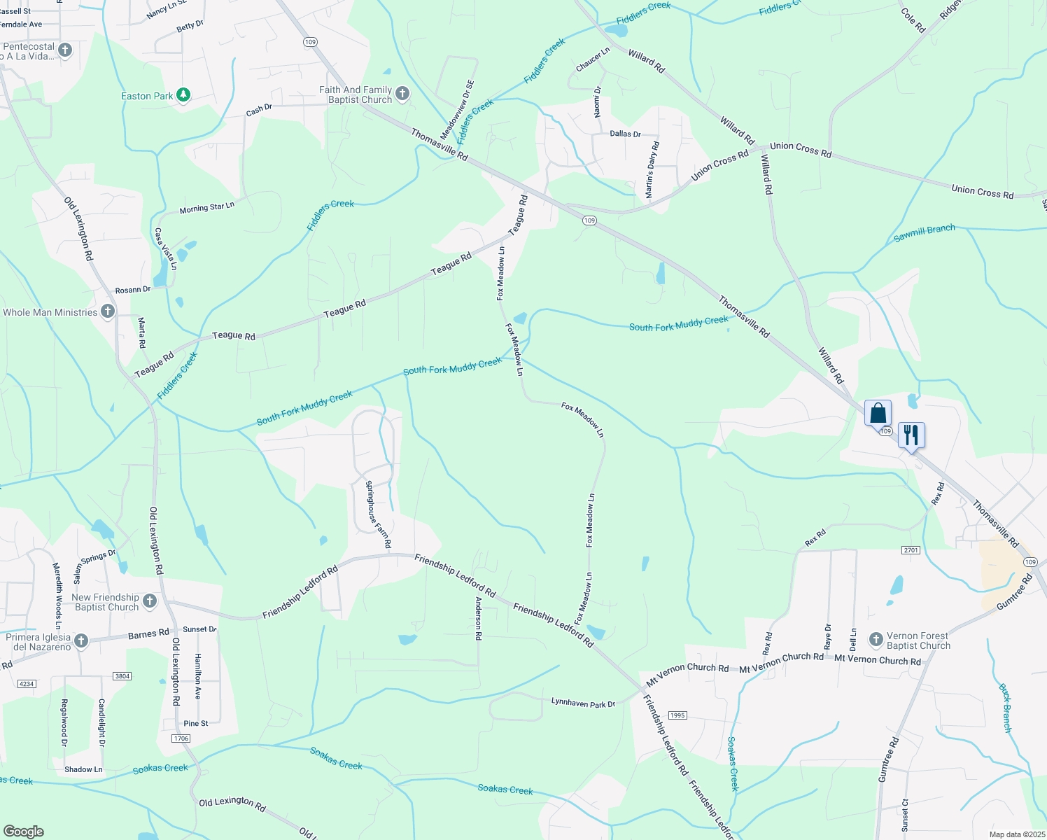 map of restaurants, bars, coffee shops, grocery stores, and more near 4188 Fox Meadow Lane in Winston-Salem