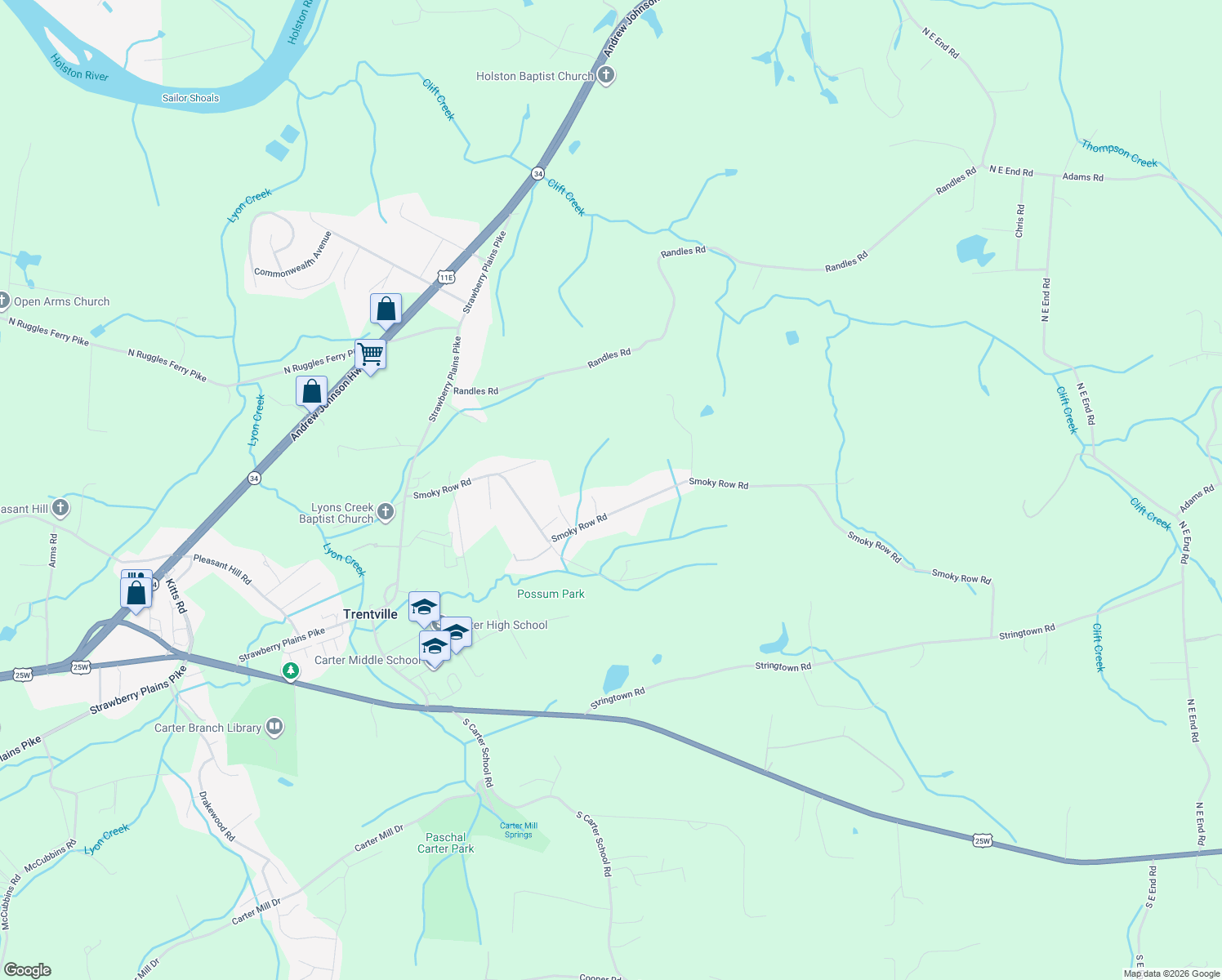 map of restaurants, bars, coffee shops, grocery stores, and more near 9603 Smoky Row Road in Strawberry Plains
