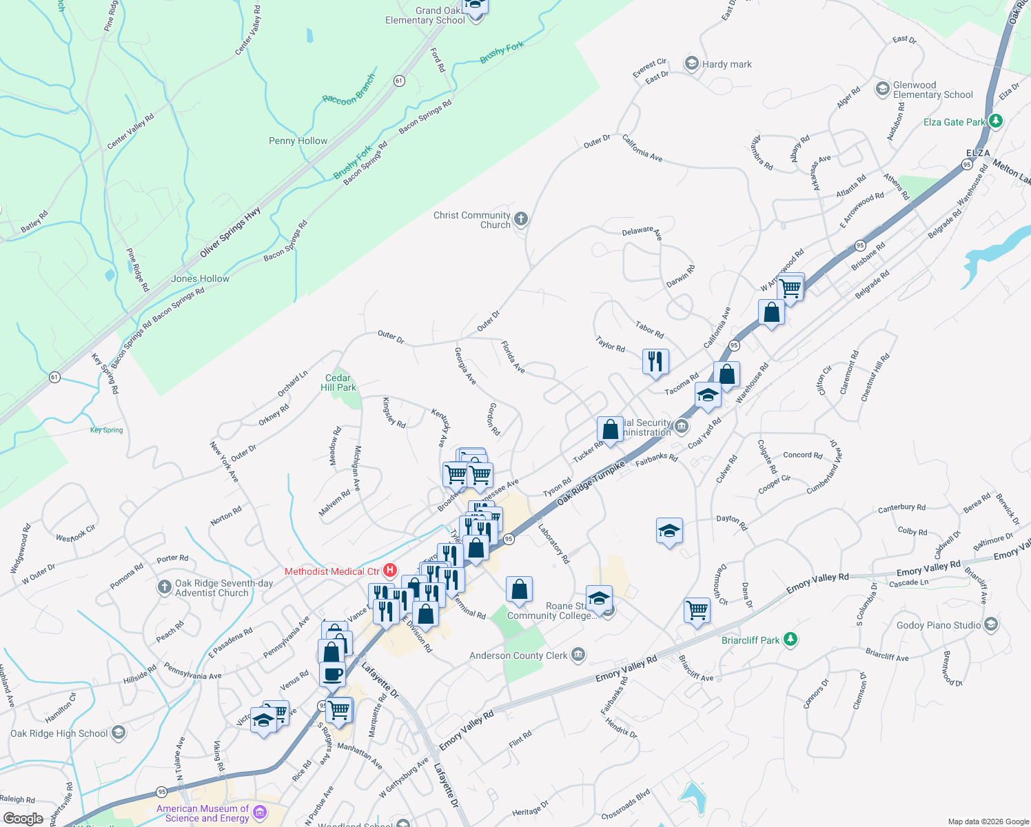 map of restaurants, bars, coffee shops, grocery stores, and more near 115 Georgia Avenue in Oak Ridge