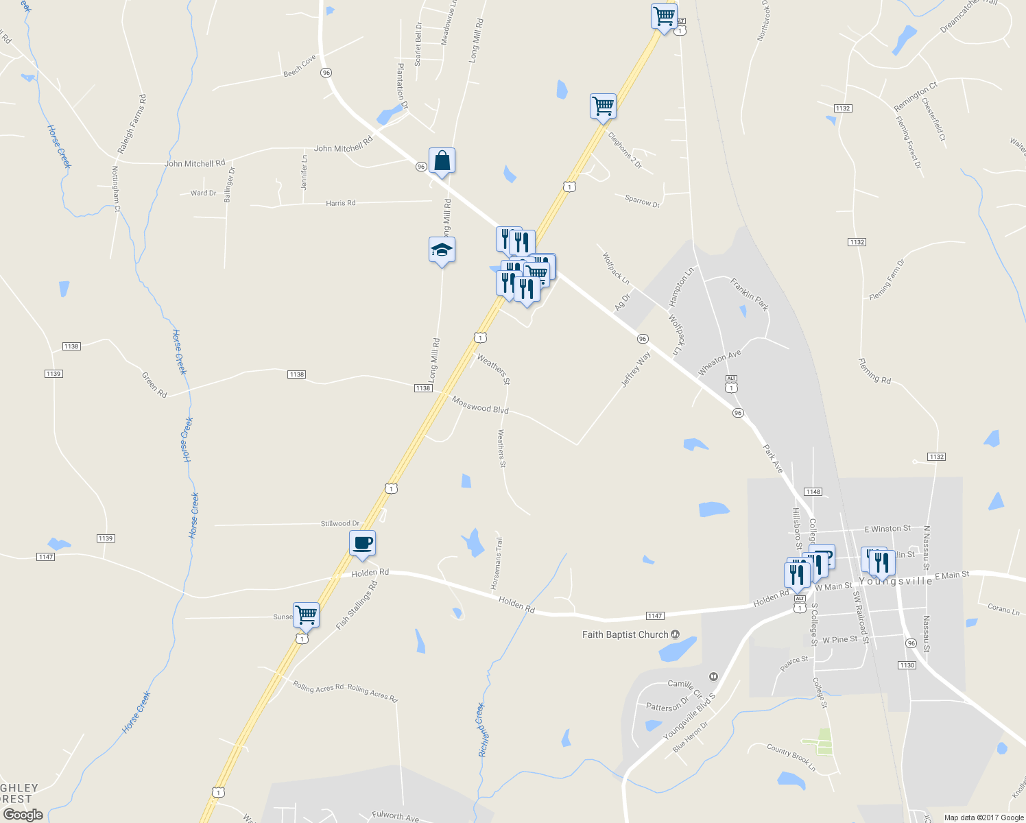 map of restaurants, bars, coffee shops, grocery stores, and more near Mosswood Boulevard in Youngsville