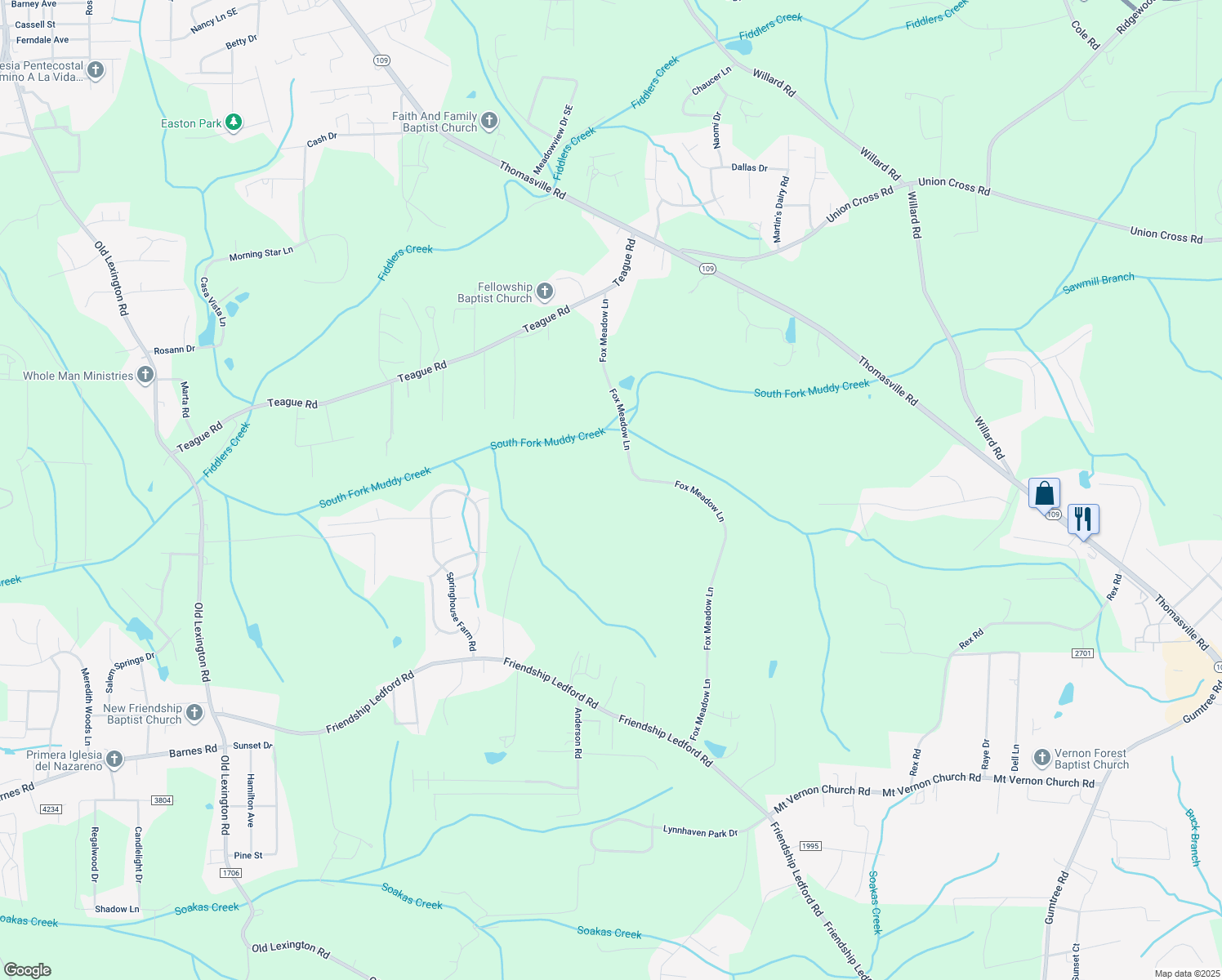 map of restaurants, bars, coffee shops, grocery stores, and more near 4188 Fox Meadow Lane in Winston-Salem