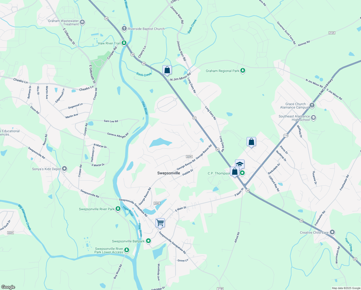 map of restaurants, bars, coffee shops, grocery stores, and more near 1352 Quandary Lake Lane in Graham