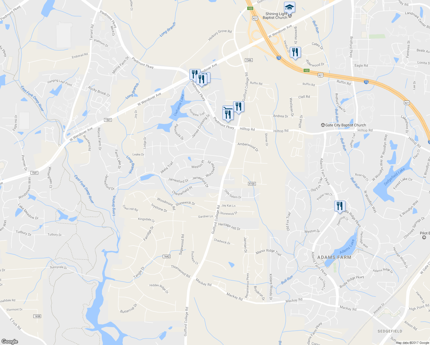 map of restaurants, bars, coffee shops, grocery stores, and more near 4833 Worchester Place in Jamestown