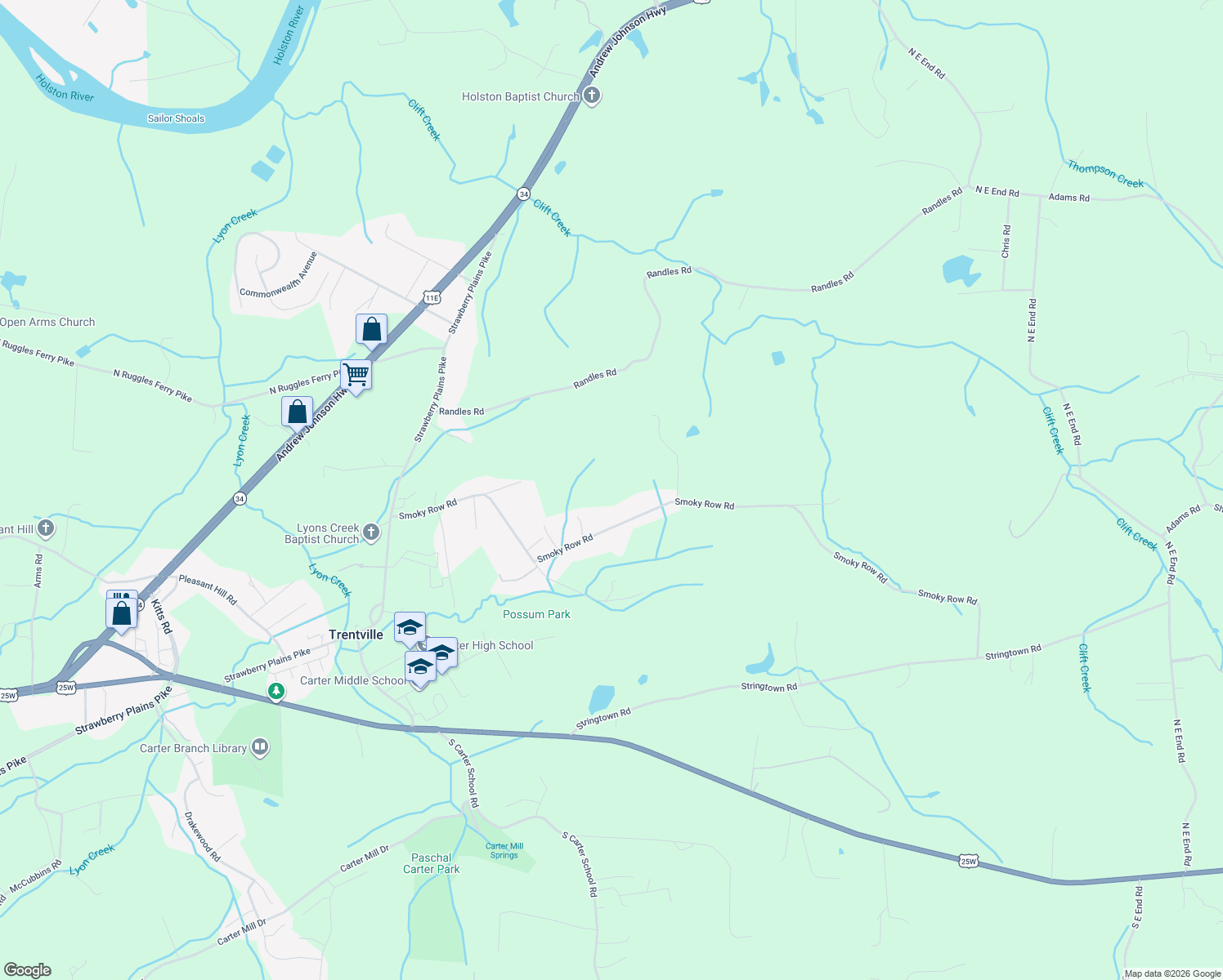 map of restaurants, bars, coffee shops, grocery stores, and more near 9603 Smoky Row Road in Strawberry Plains