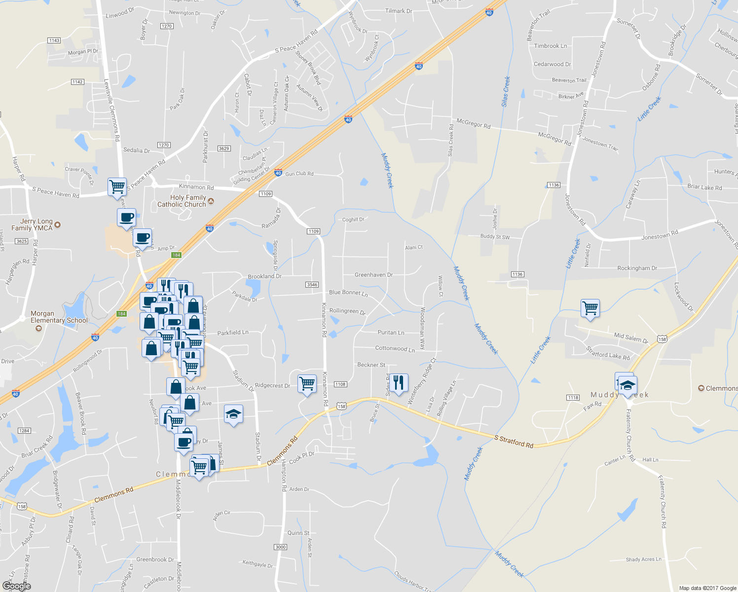 map of restaurants, bars, coffee shops, grocery stores, and more near 6031 Blue Bonnet Lane in Winston-Salem