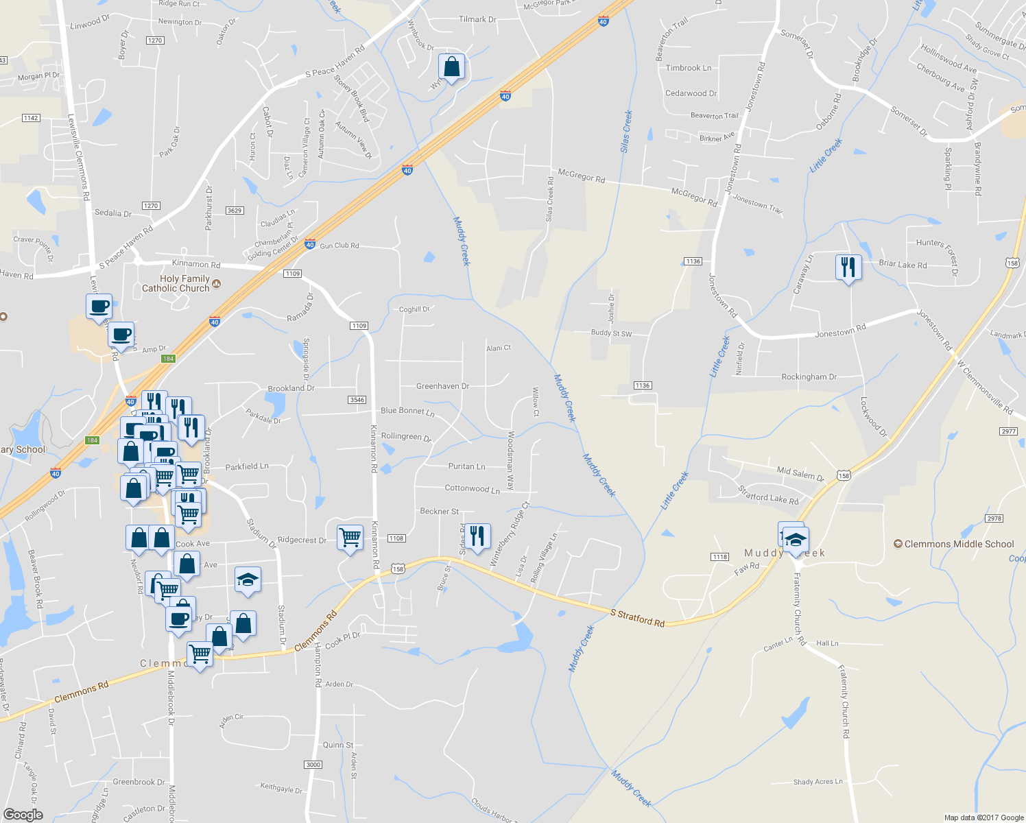 map of restaurants, bars, coffee shops, grocery stores, and more near 4620 Woodsman Way in Winston-Salem