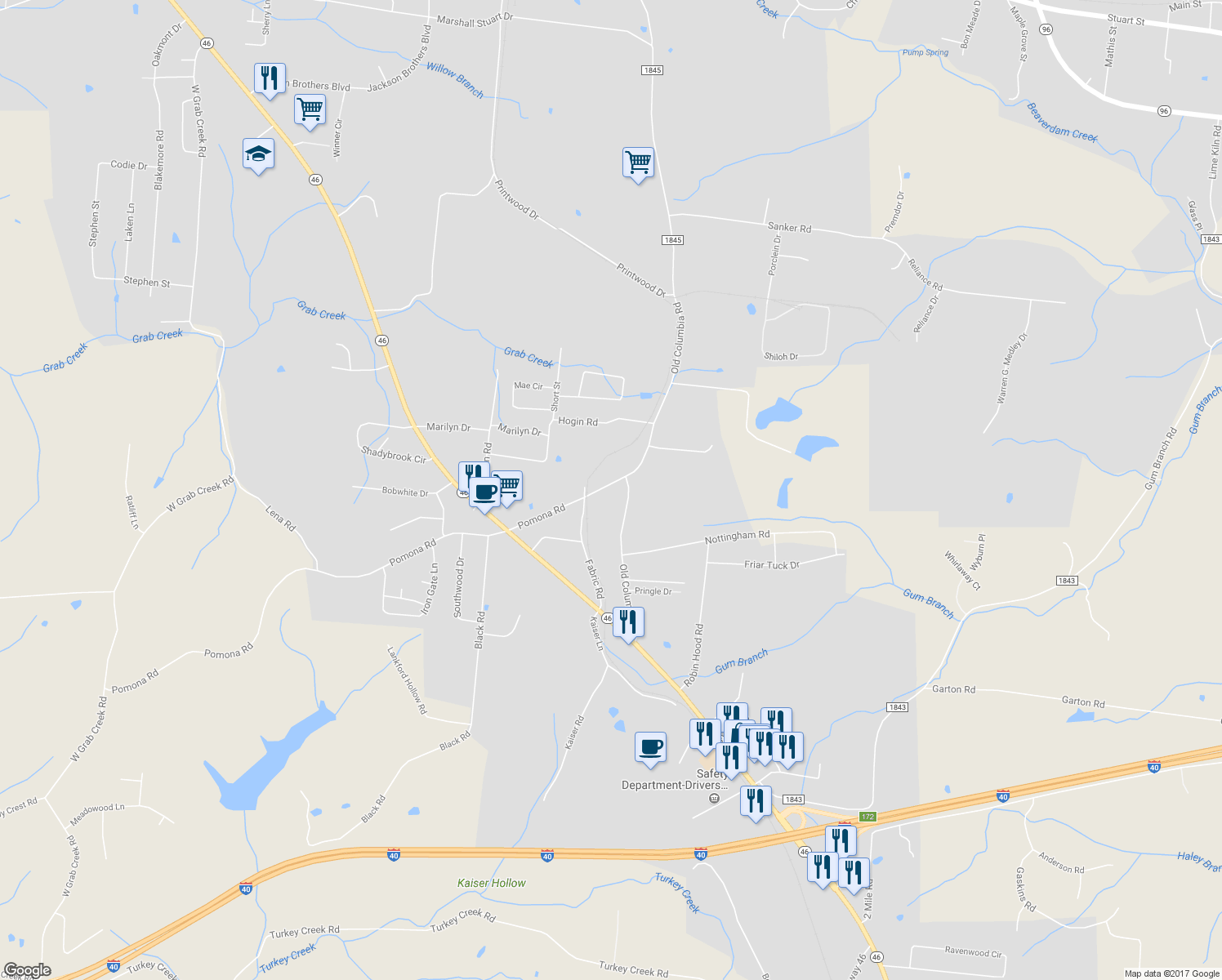 map of restaurants, bars, coffee shops, grocery stores, and more near 815 Pomona Road in Dickson