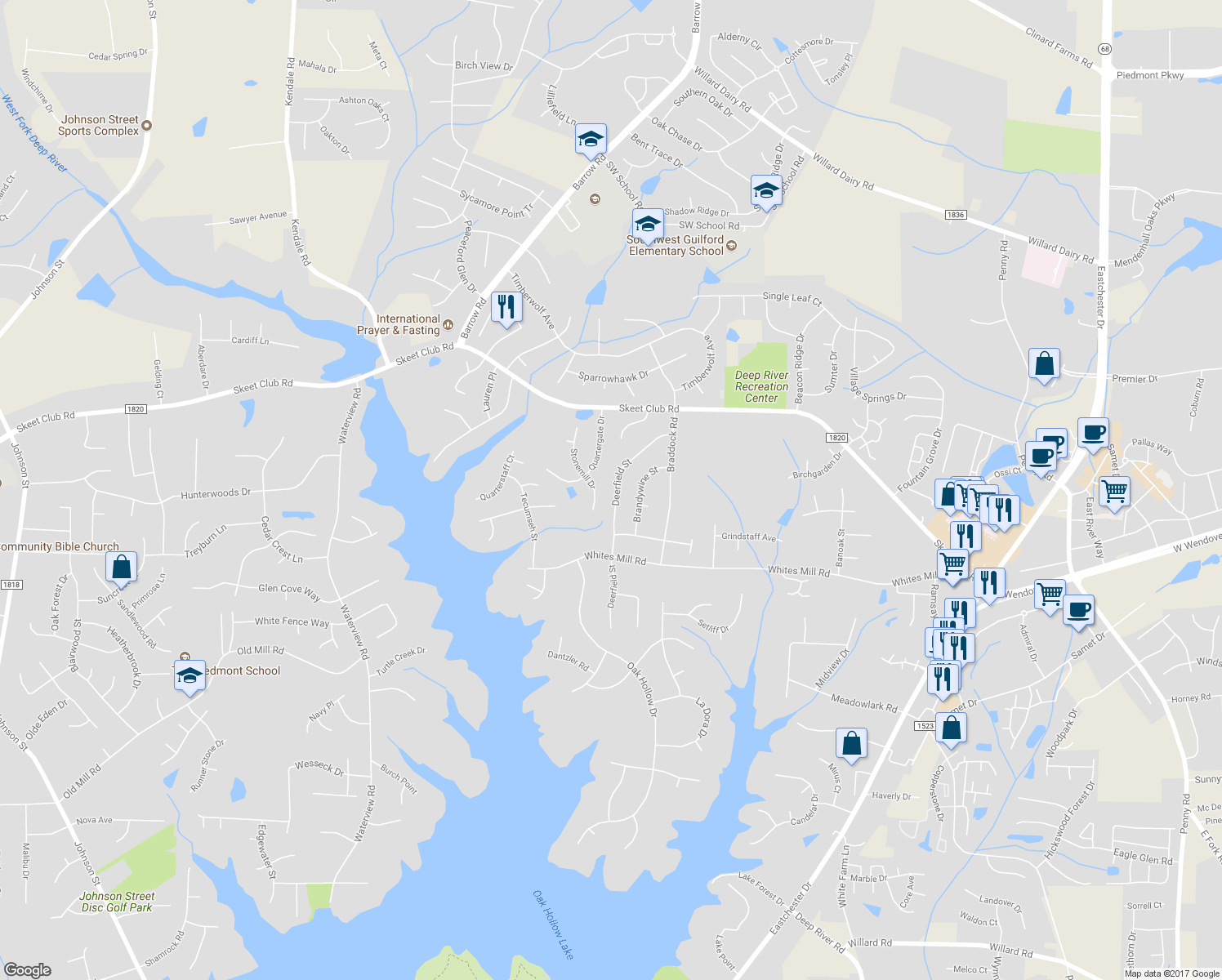 map of restaurants, bars, coffee shops, grocery stores, and more near 3929 Deerfield Street in High Point