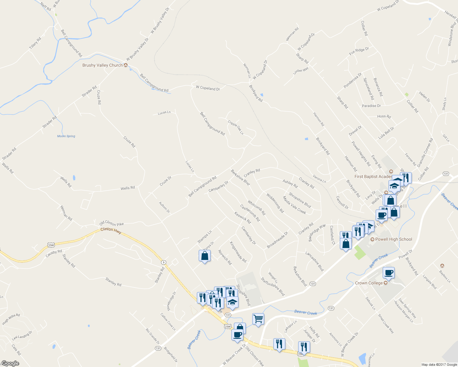 map of restaurants, bars, coffee shops, grocery stores, and more near 7945 Whitcomb Road in Powell
