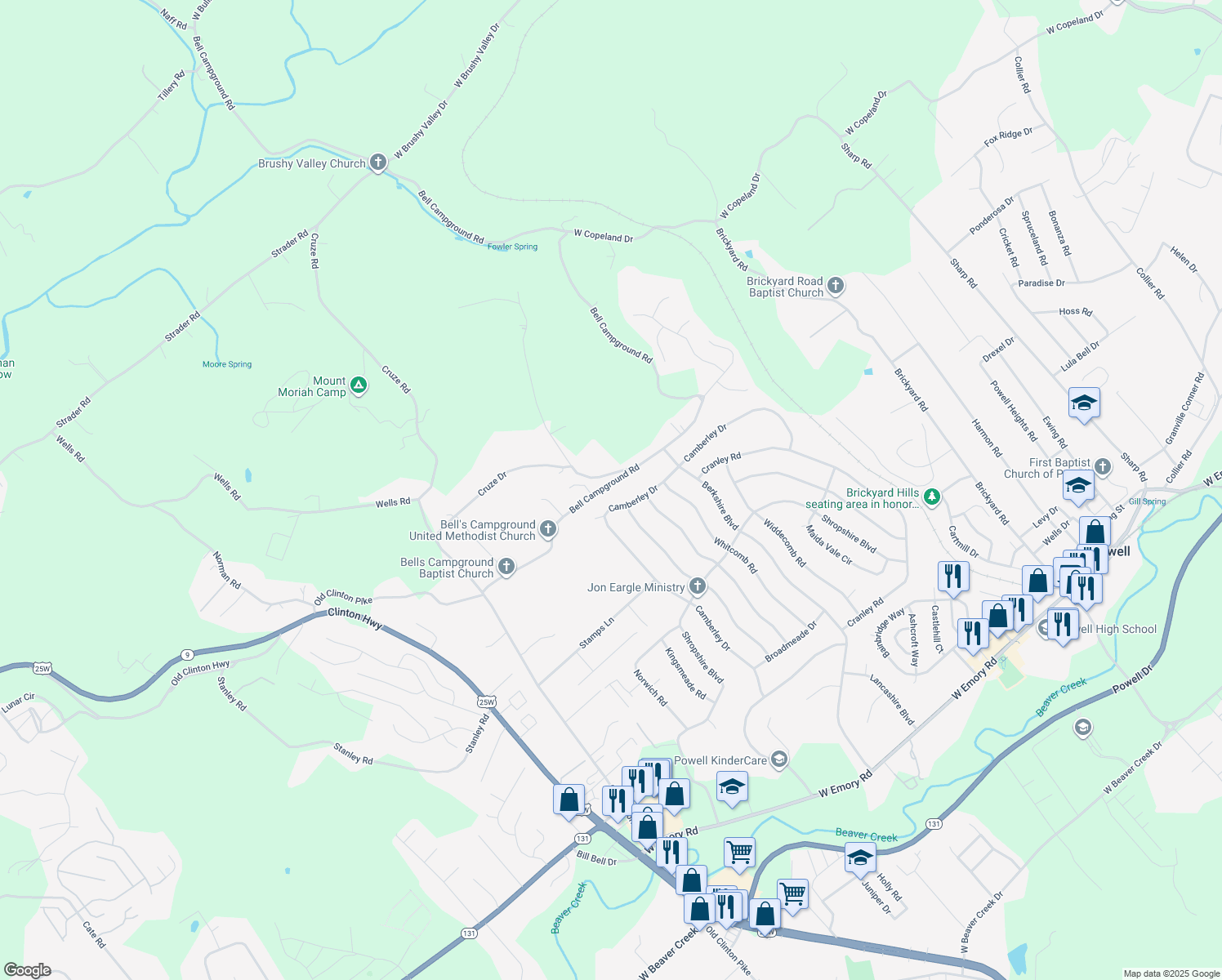 map of restaurants, bars, coffee shops, grocery stores, and more near 8020 Bell Campground Road in Powell