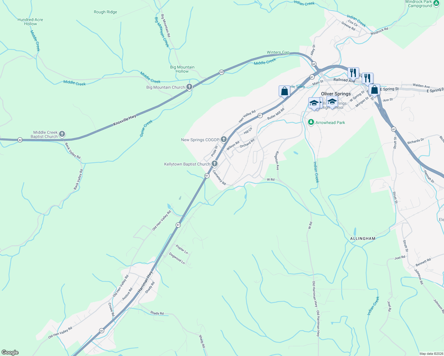 map of restaurants, bars, coffee shops, grocery stores, and more near 941 Cemetery Rd in Oliver Springs