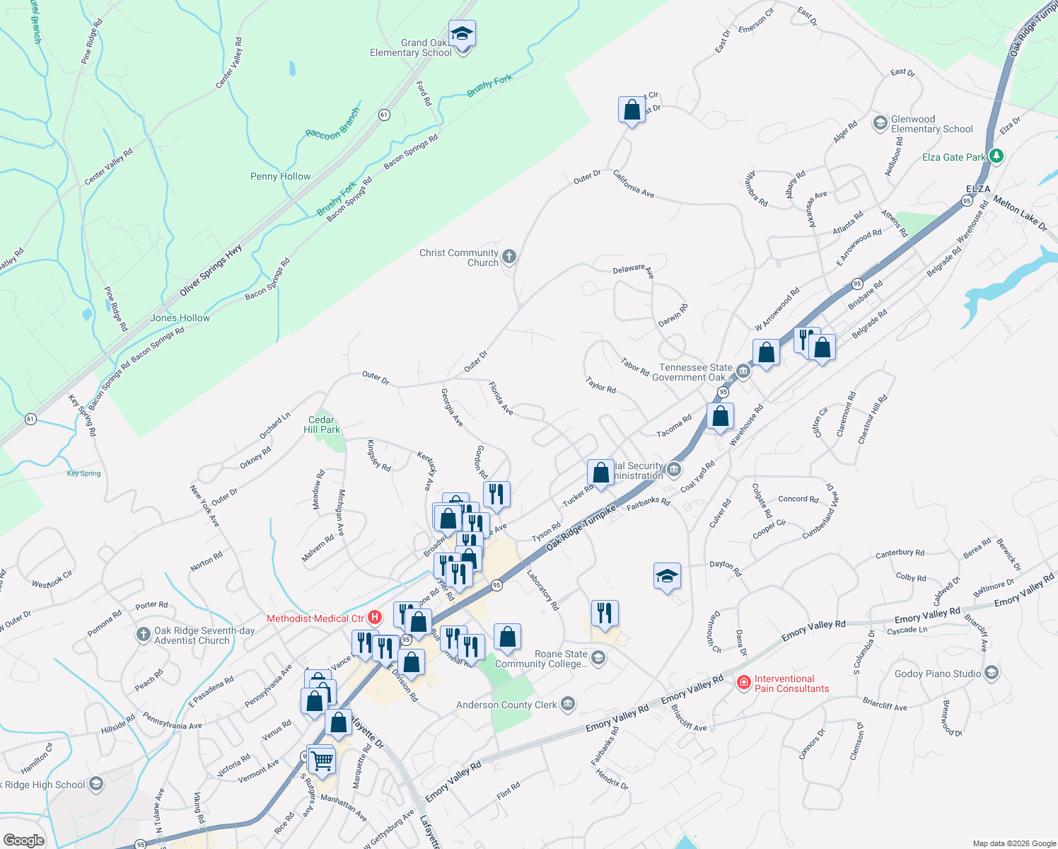 map of restaurants, bars, coffee shops, grocery stores, and more near 603 Florida Ave in Oak Ridge