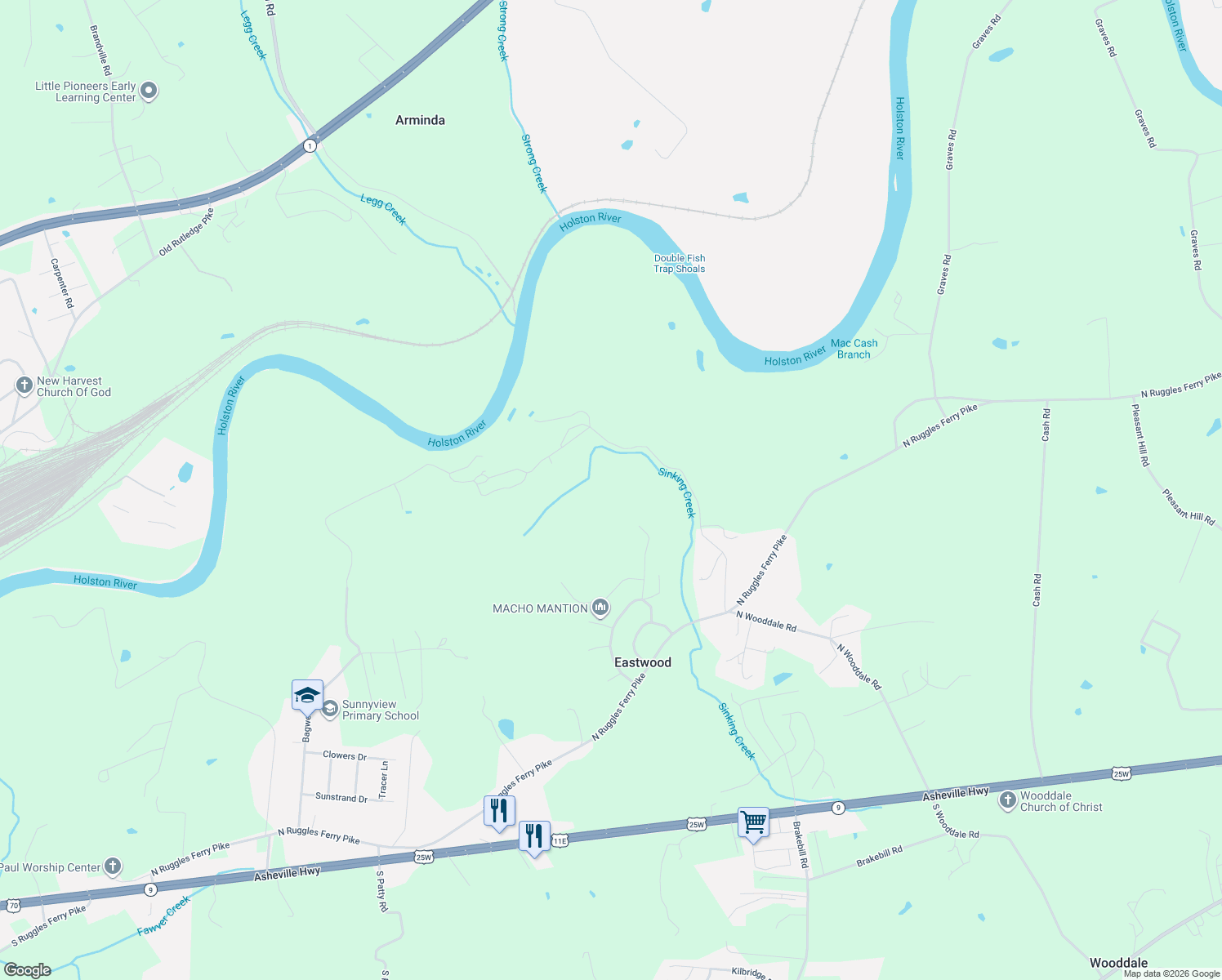 map of restaurants, bars, coffee shops, grocery stores, and more near 420 Ranger Lane in Knoxville