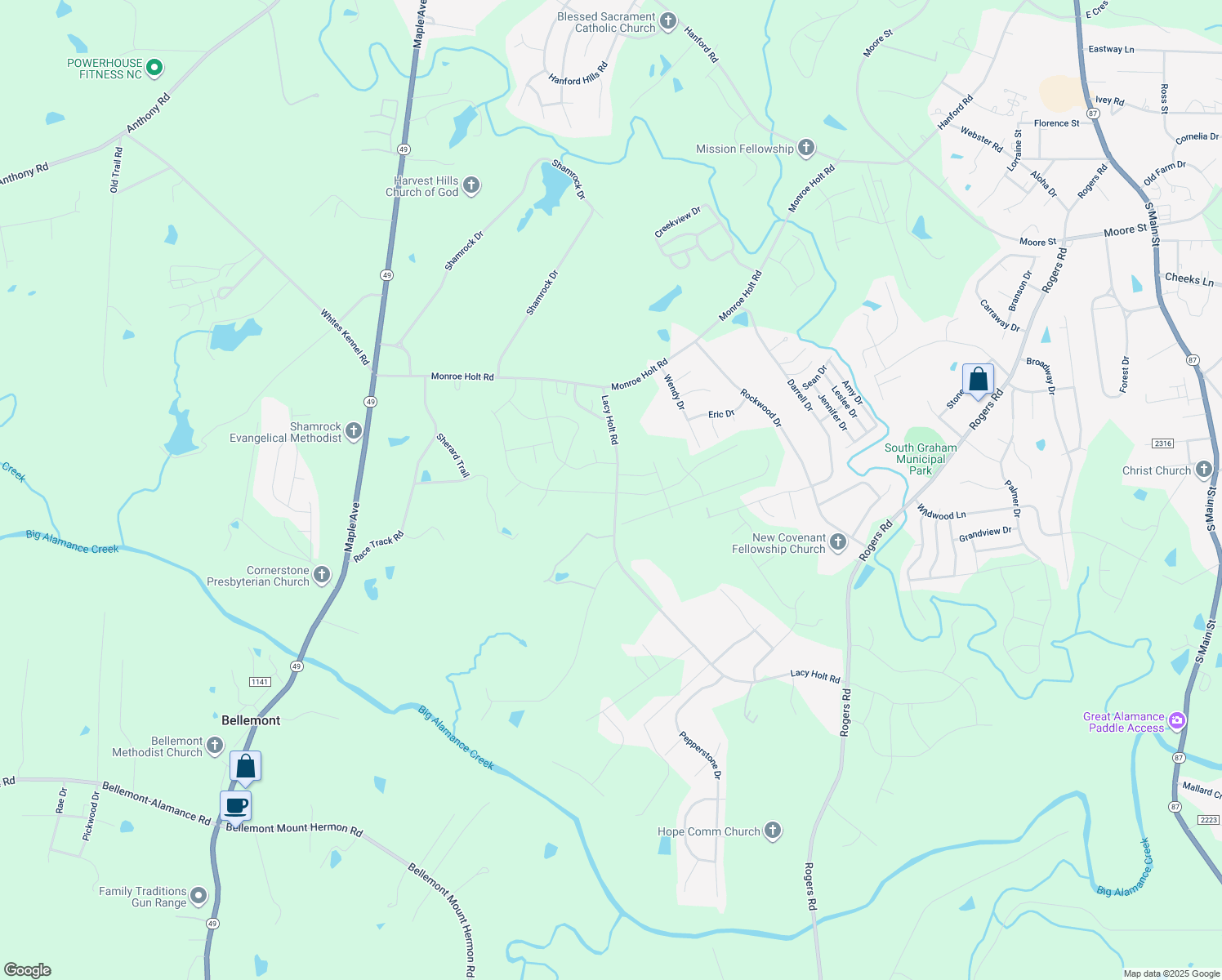 map of restaurants, bars, coffee shops, grocery stores, and more near 3005 Cullens Drive in Graham