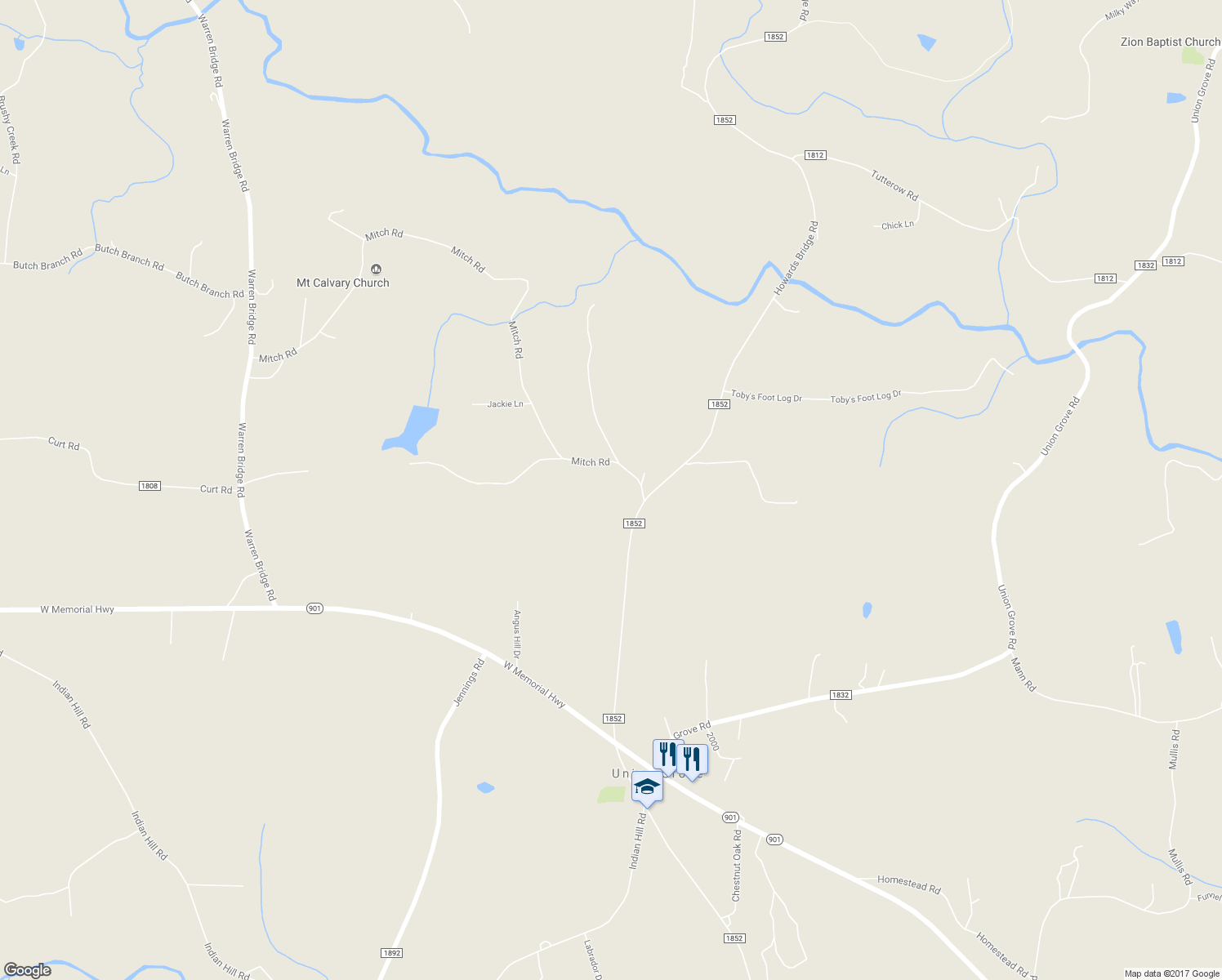 map of restaurants, bars, coffee shops, grocery stores, and more near 269 Howards Bridge Road in Union Grove