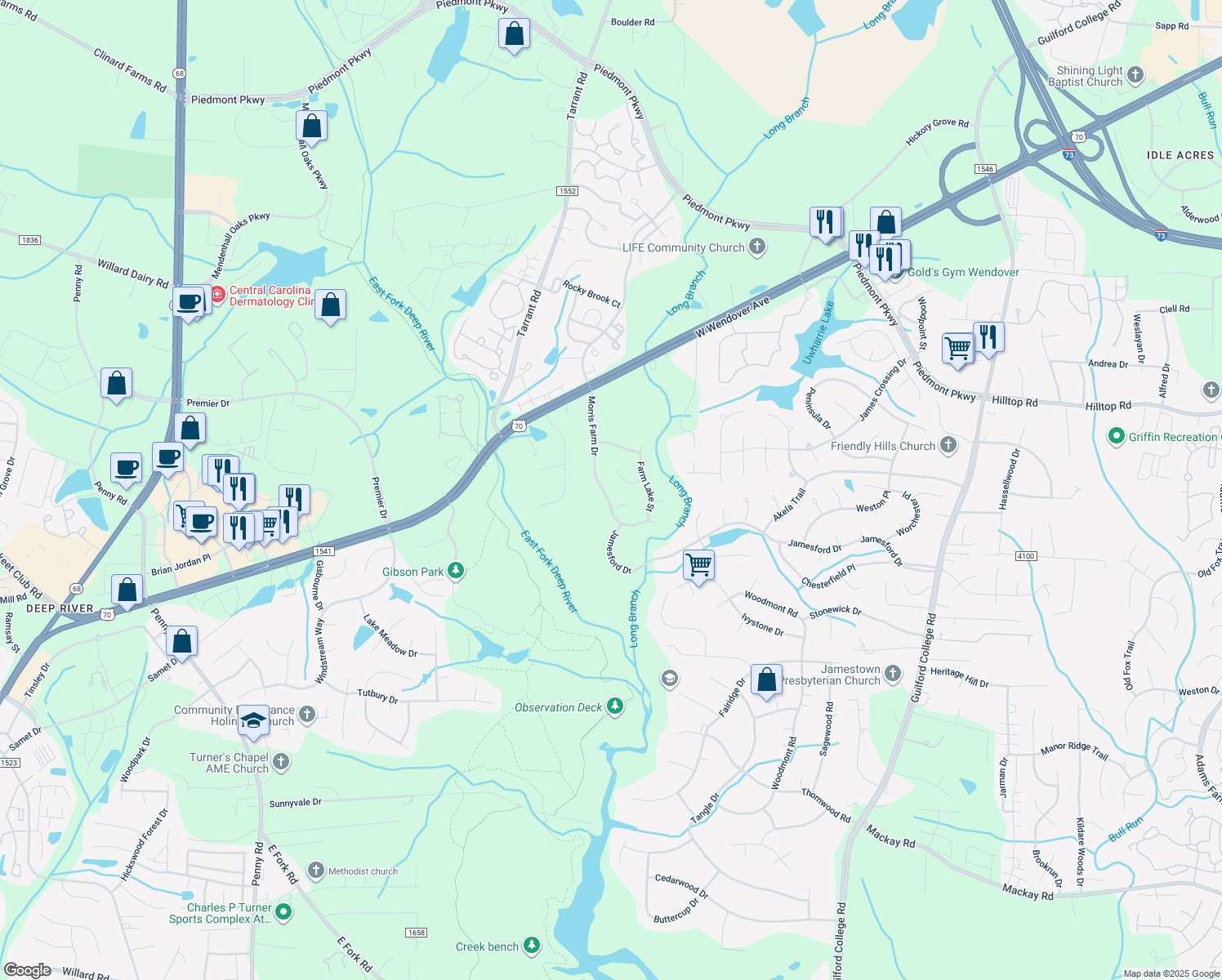 map of restaurants, bars, coffee shops, grocery stores, and more near 3400 Morris Farm Drive in Jamestown