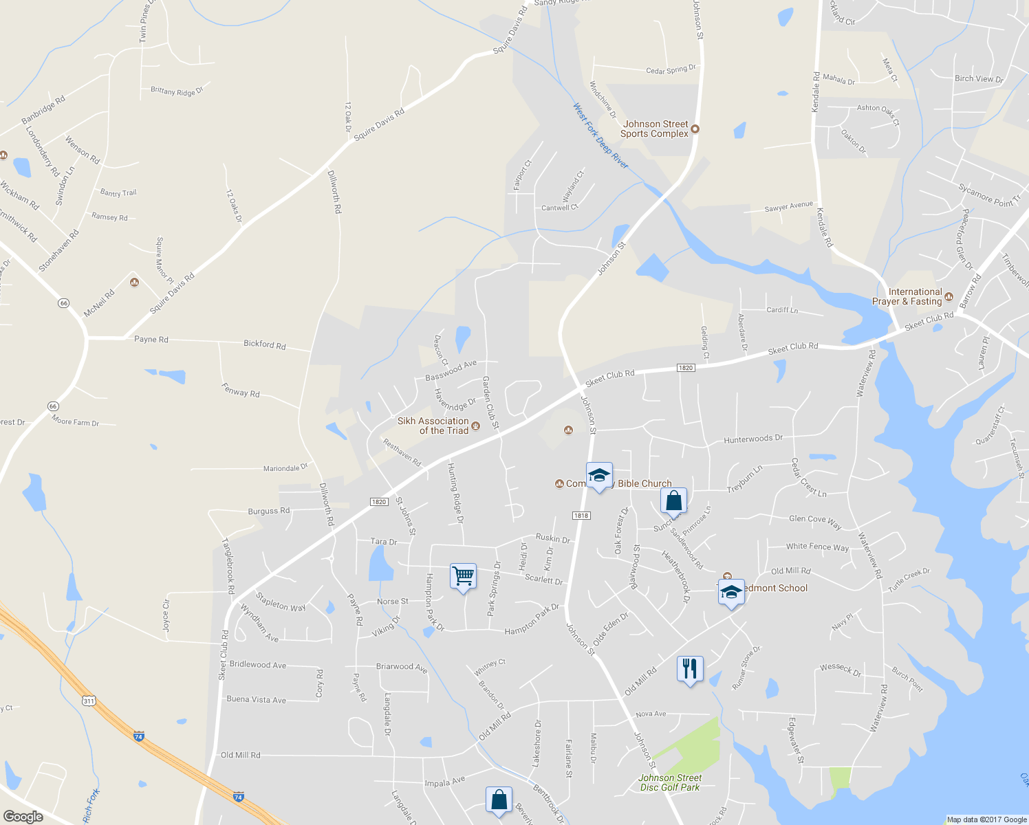 map of restaurants, bars, coffee shops, grocery stores, and more near 4408 Orchard Knob Lane in High Point