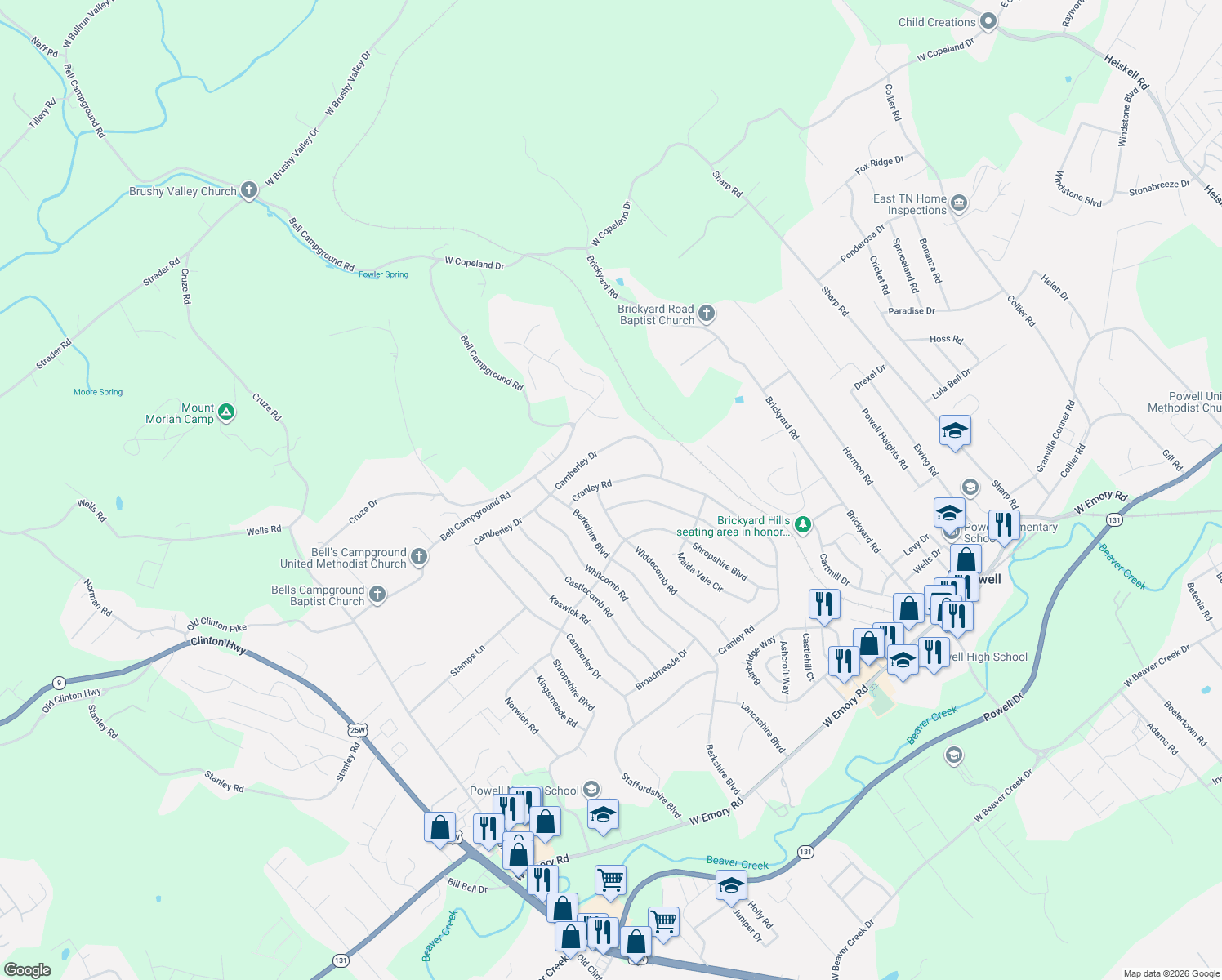 map of restaurants, bars, coffee shops, grocery stores, and more near 7919 Cranley Road in Powell