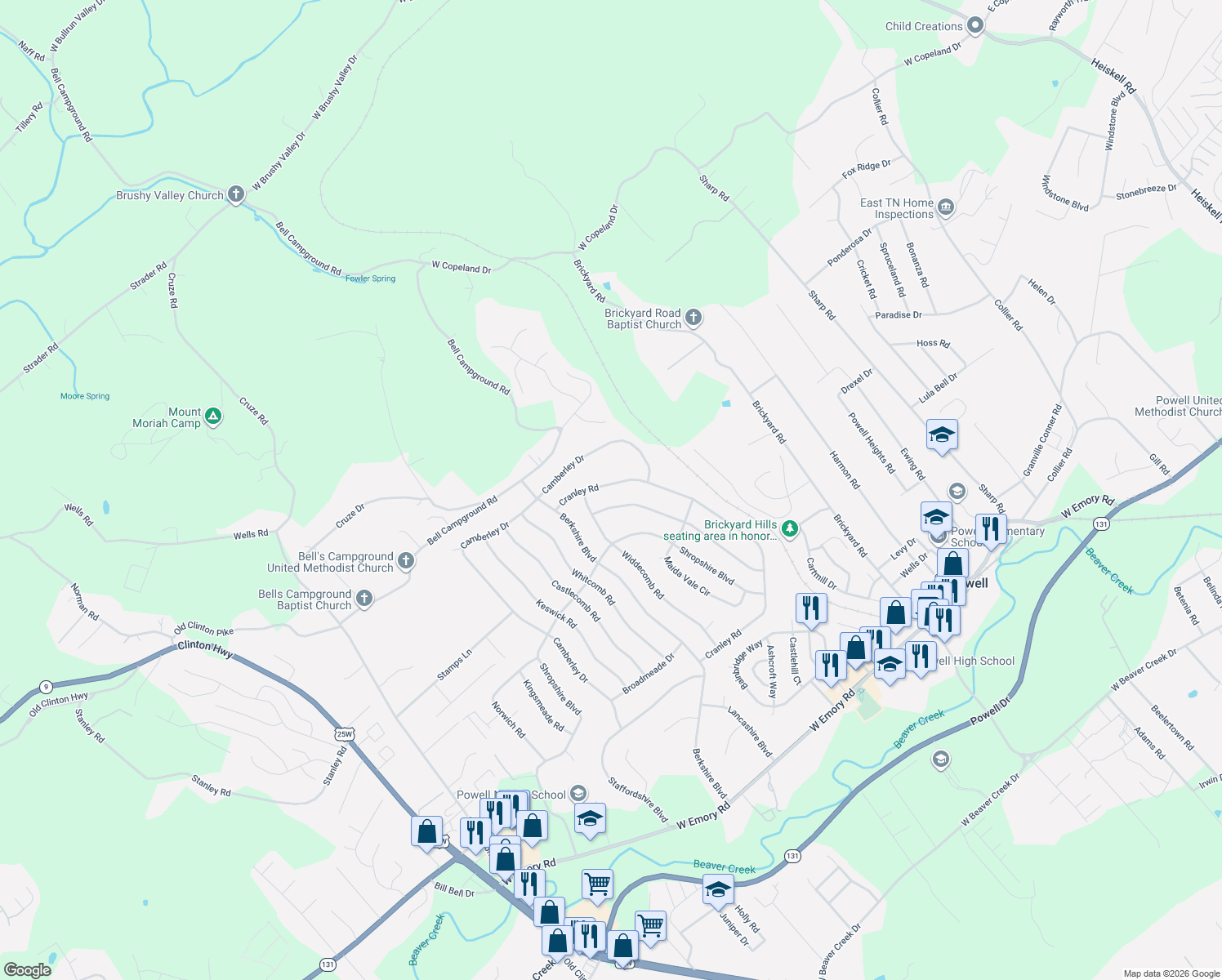 map of restaurants, bars, coffee shops, grocery stores, and more near 7919 Cranley Road in Powell