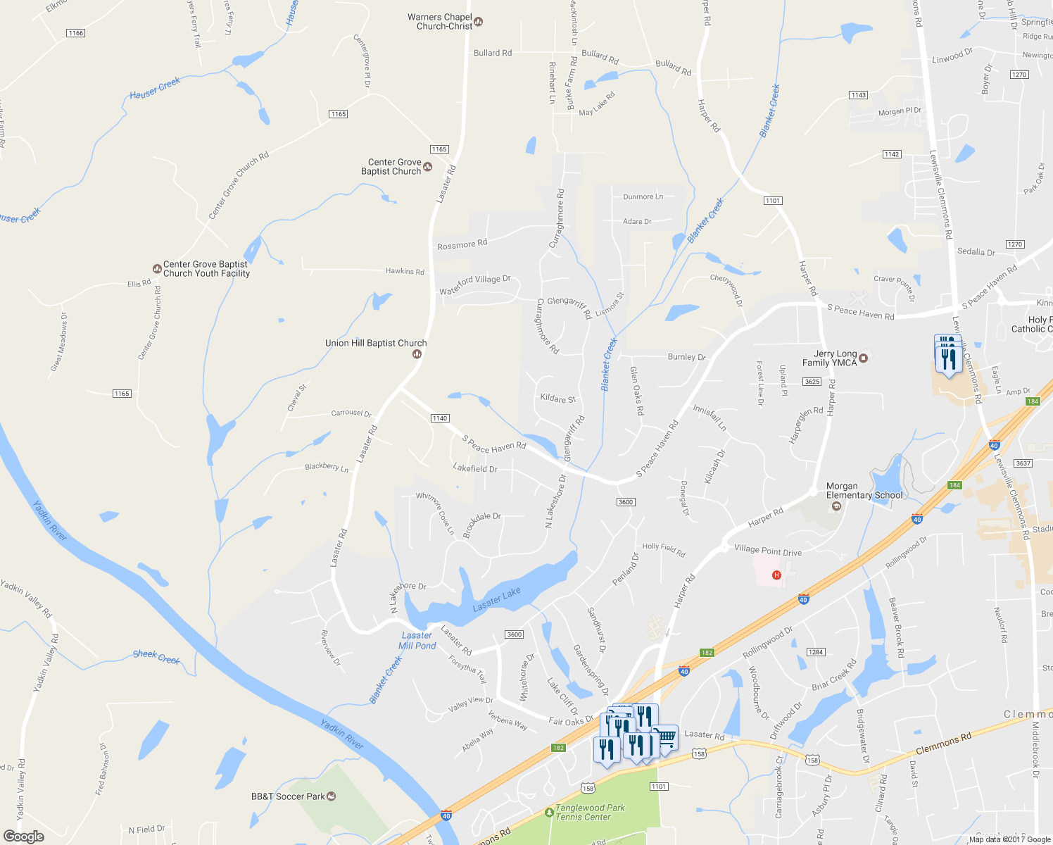 map of restaurants, bars, coffee shops, grocery stores, and more near 8104 Slane Court in Clemmons
