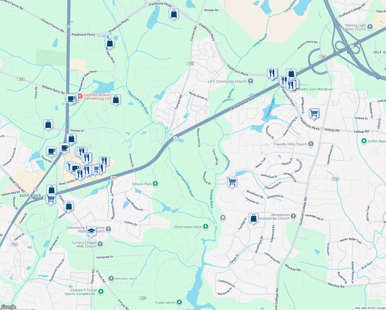 map of restaurants, bars, coffee shops, grocery stores, and more near 2503 Riverbend Rd in Jamestown