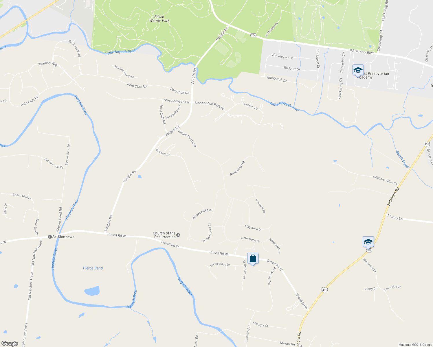 map of restaurants, bars, coffee shops, grocery stores, and more near Vaughn Crest Dr in Franklin