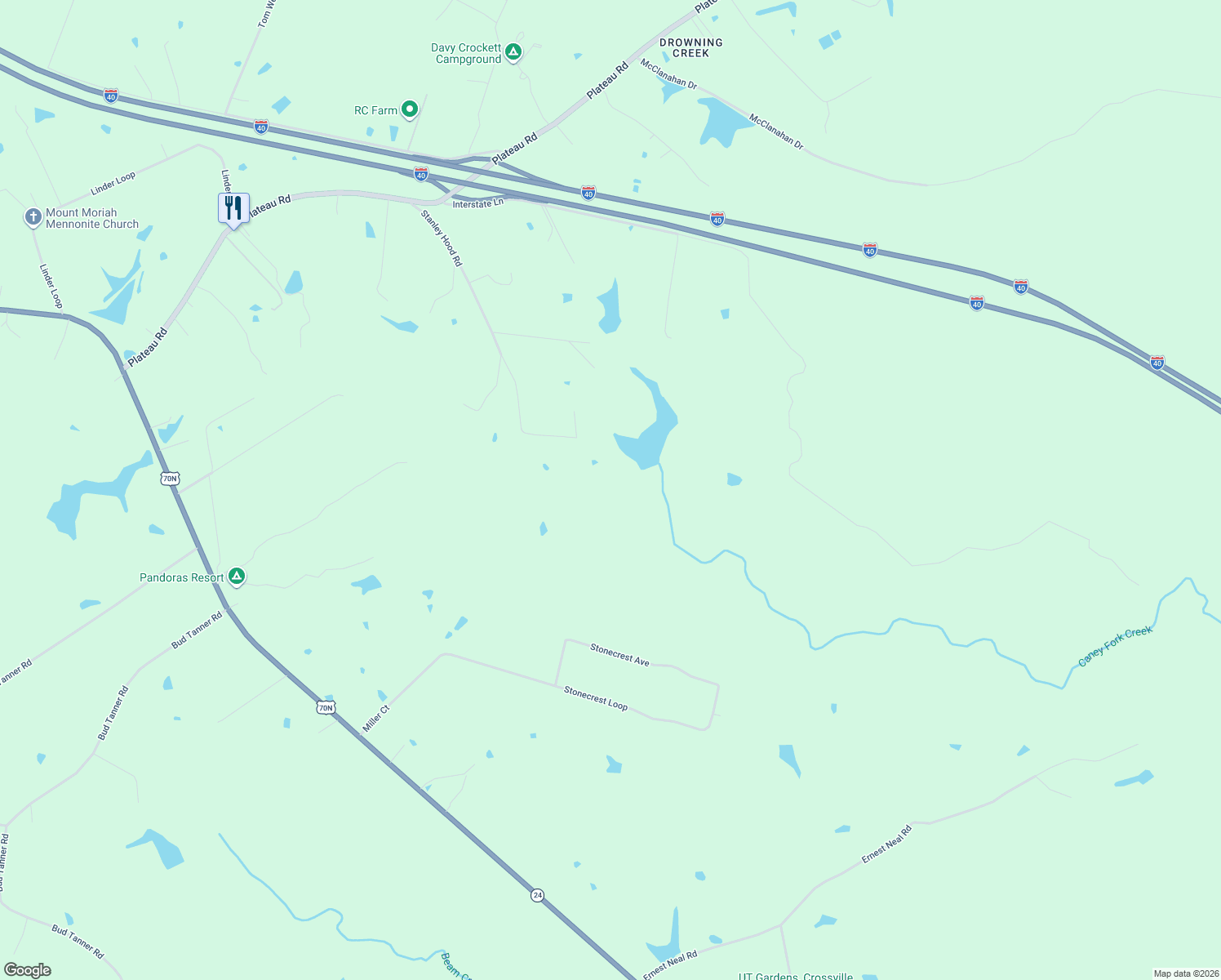map of restaurants, bars, coffee shops, grocery stores, and more near 944 Stanley Hood Road in Crossville