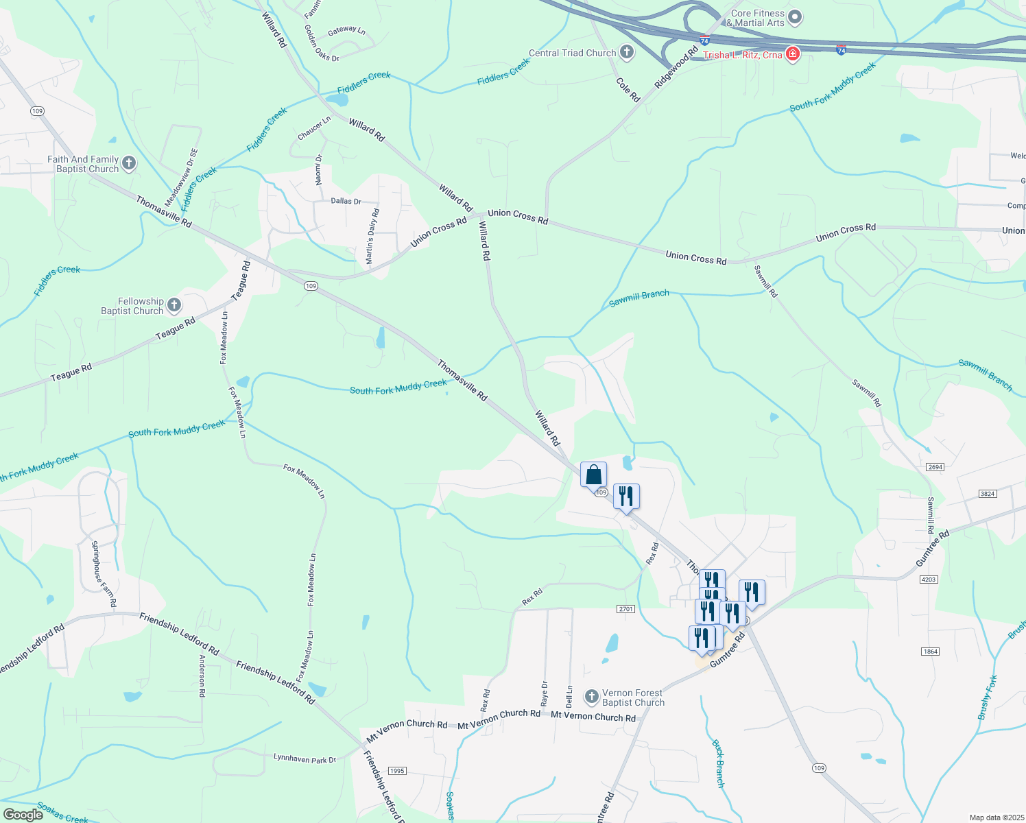 map of restaurants, bars, coffee shops, grocery stores, and more near 4255 Thomasville Rd in Winston-Salem