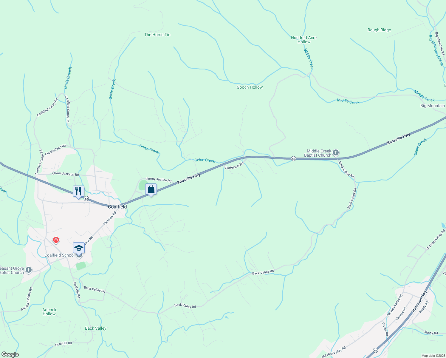 map of restaurants, bars, coffee shops, grocery stores, and more near 6136 Knoxville Highway in Oliver Springs