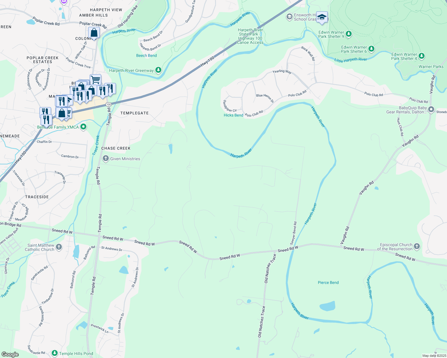 map of restaurants, bars, coffee shops, grocery stores, and more near 1295 Hunters Trail Drive in Franklin