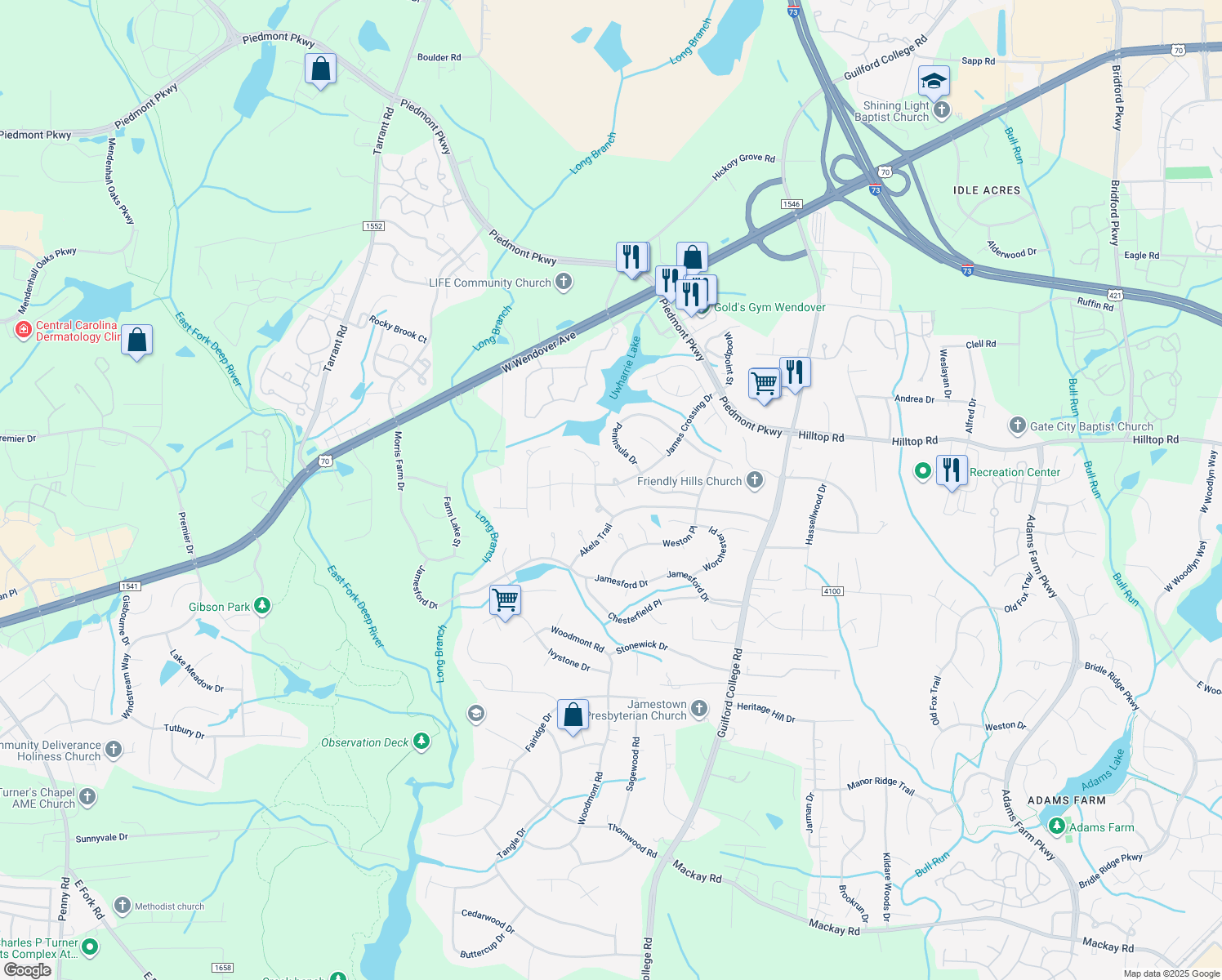 map of restaurants, bars, coffee shops, grocery stores, and more near 3007 Honor Court in Jamestown