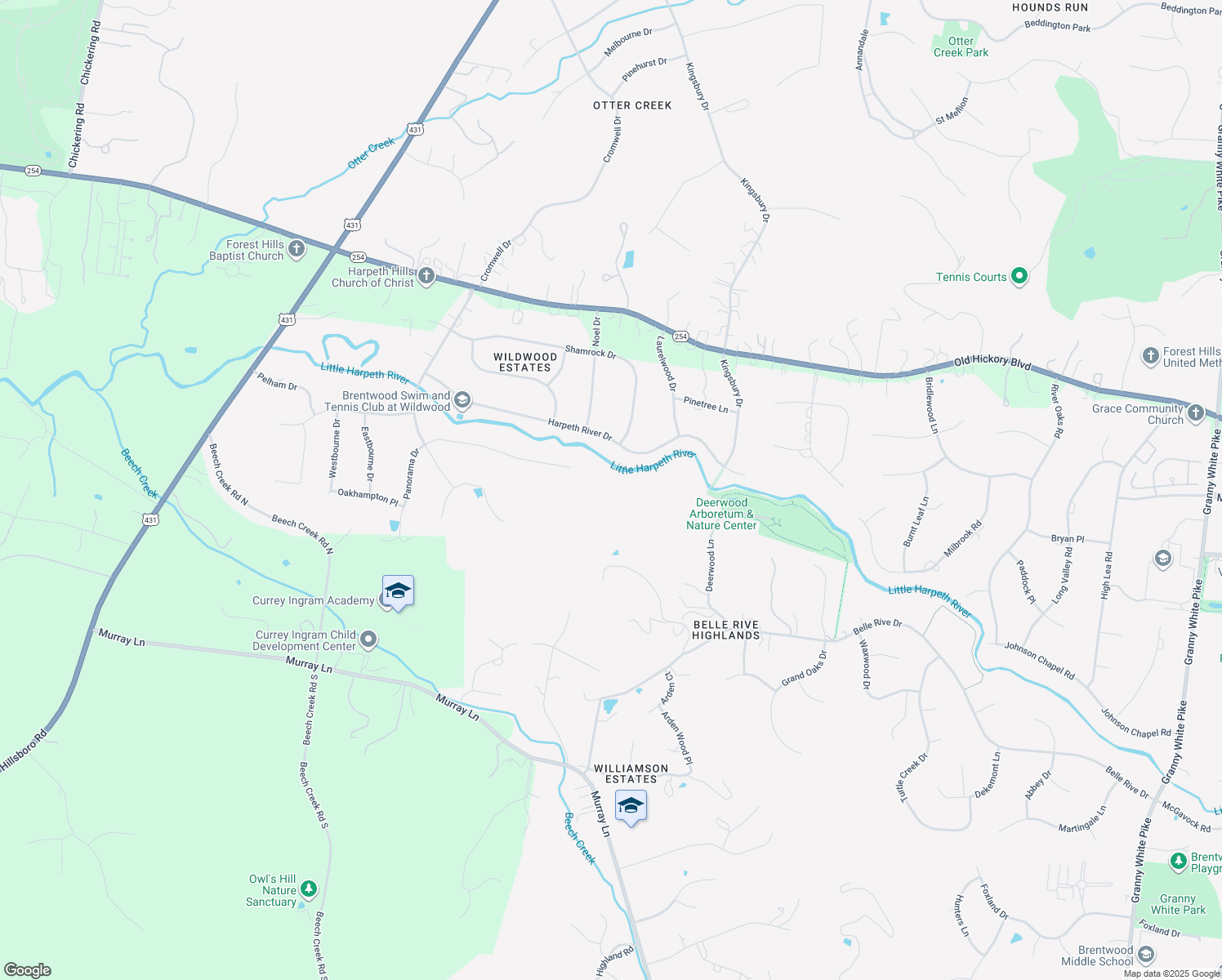 map of restaurants, bars, coffee shops, grocery stores, and more near 6313 Panorama Drive in Brentwood
