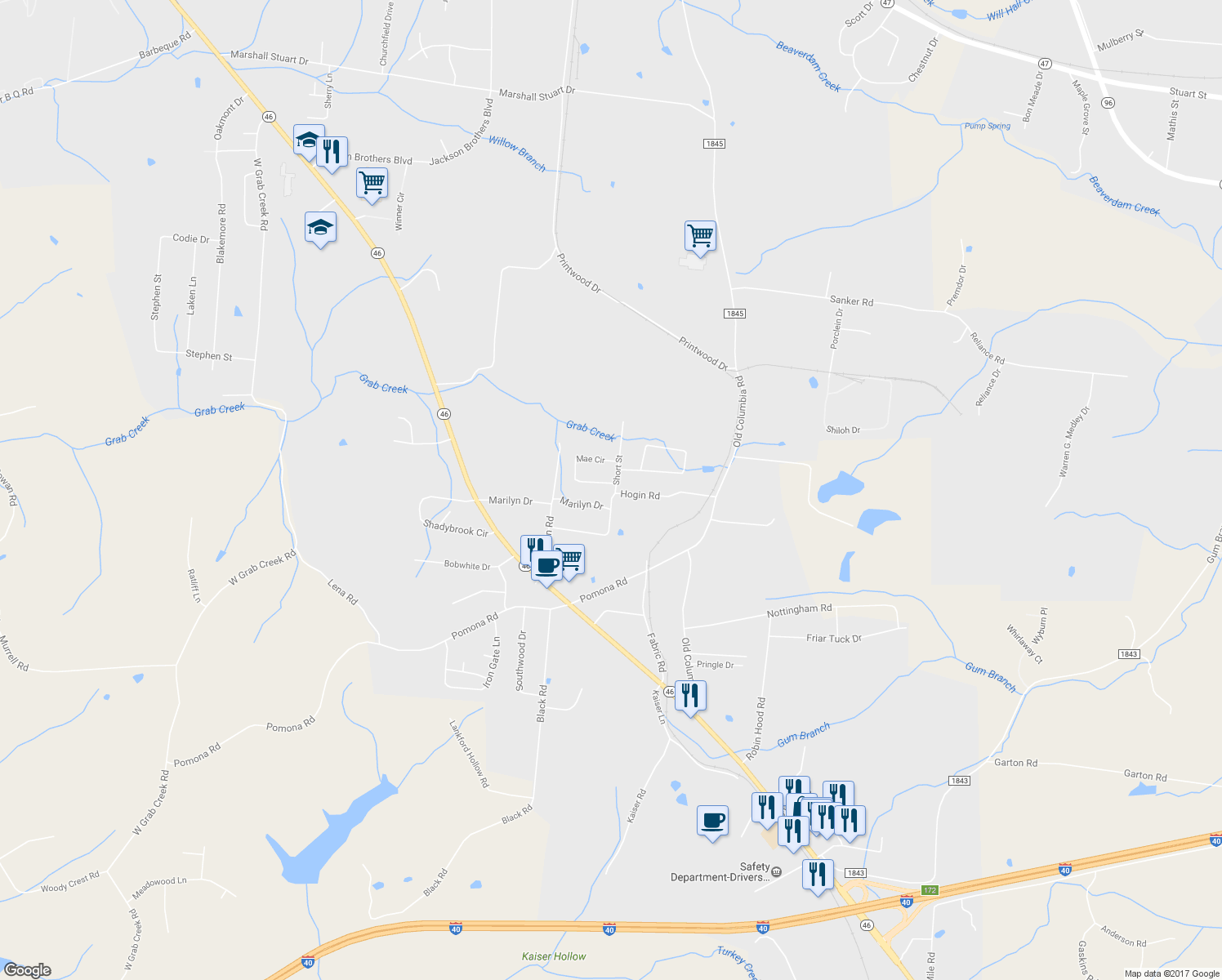map of restaurants, bars, coffee shops, grocery stores, and more near 101 Short Street in Dickson