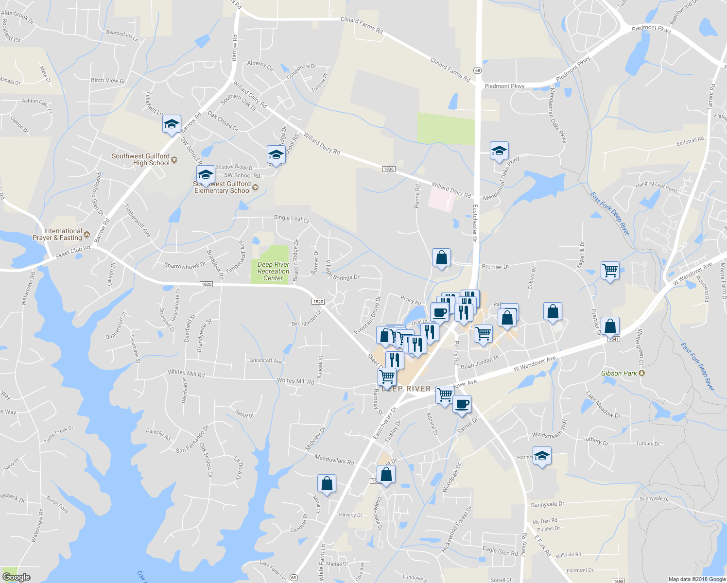 map of restaurants, bars, coffee shops, grocery stores, and more near 3712 Pemberton Way in High Point