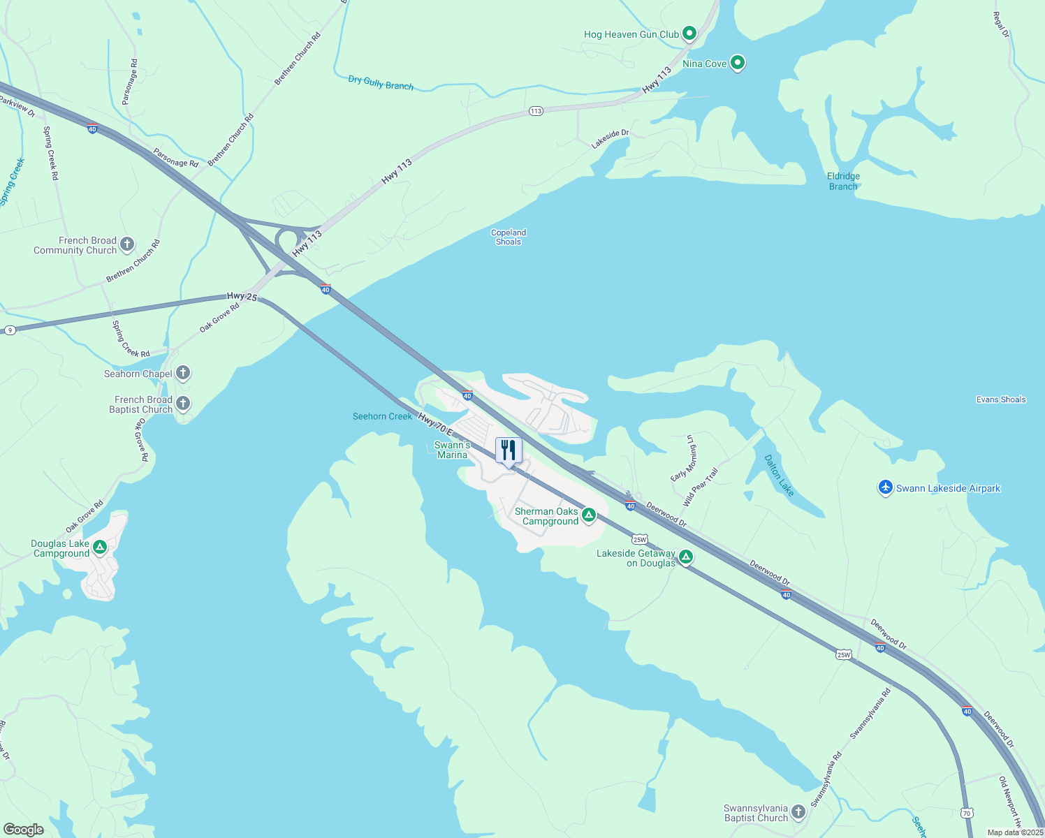 map of restaurants, bars, coffee shops, grocery stores, and more near 2504 Roundhouse Road in Dandridge