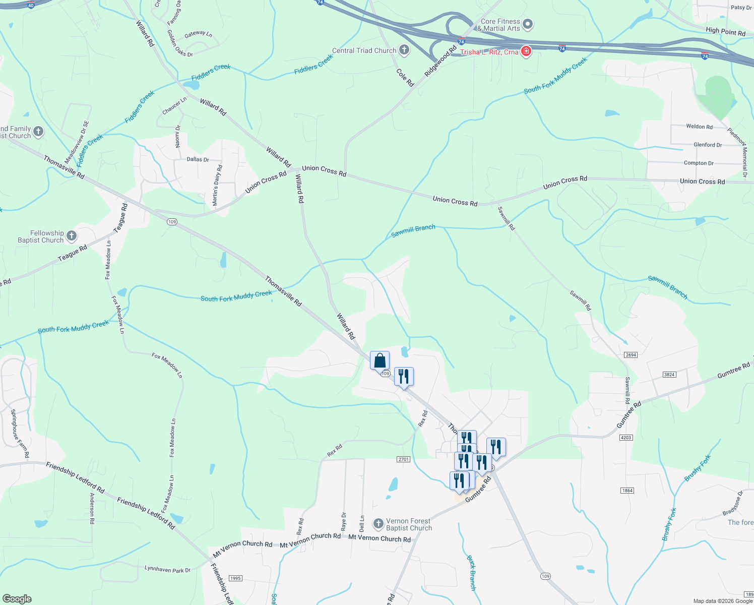 map of restaurants, bars, coffee shops, grocery stores, and more near 4360 Glenmore Creek Drive in Winston-Salem