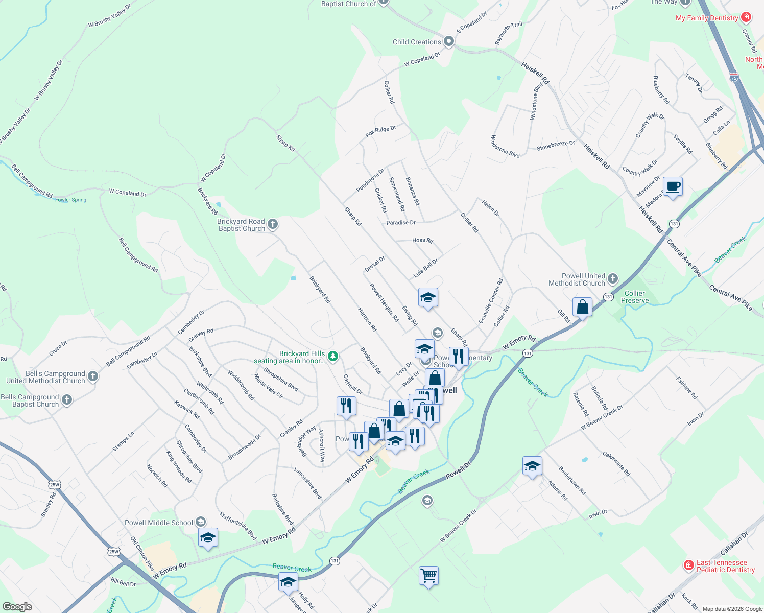 map of restaurants, bars, coffee shops, grocery stores, and more near 7933 Powell Heights Road in Powell