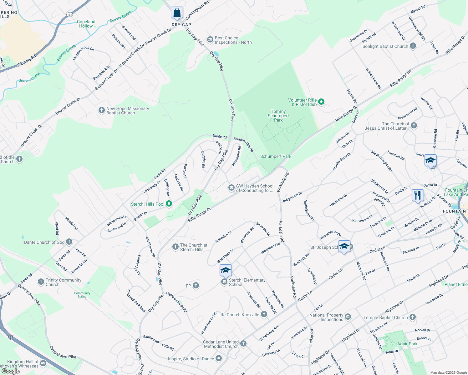 map of restaurants, bars, coffee shops, grocery stores, and more near 6408 Sterchi Village Boulevard in Knoxville