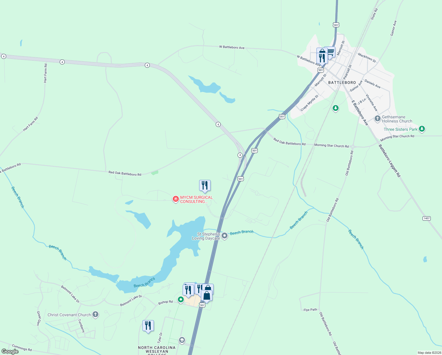 map of restaurants, bars, coffee shops, grocery stores, and more near 438 Robbins Haven in Rocky Mount