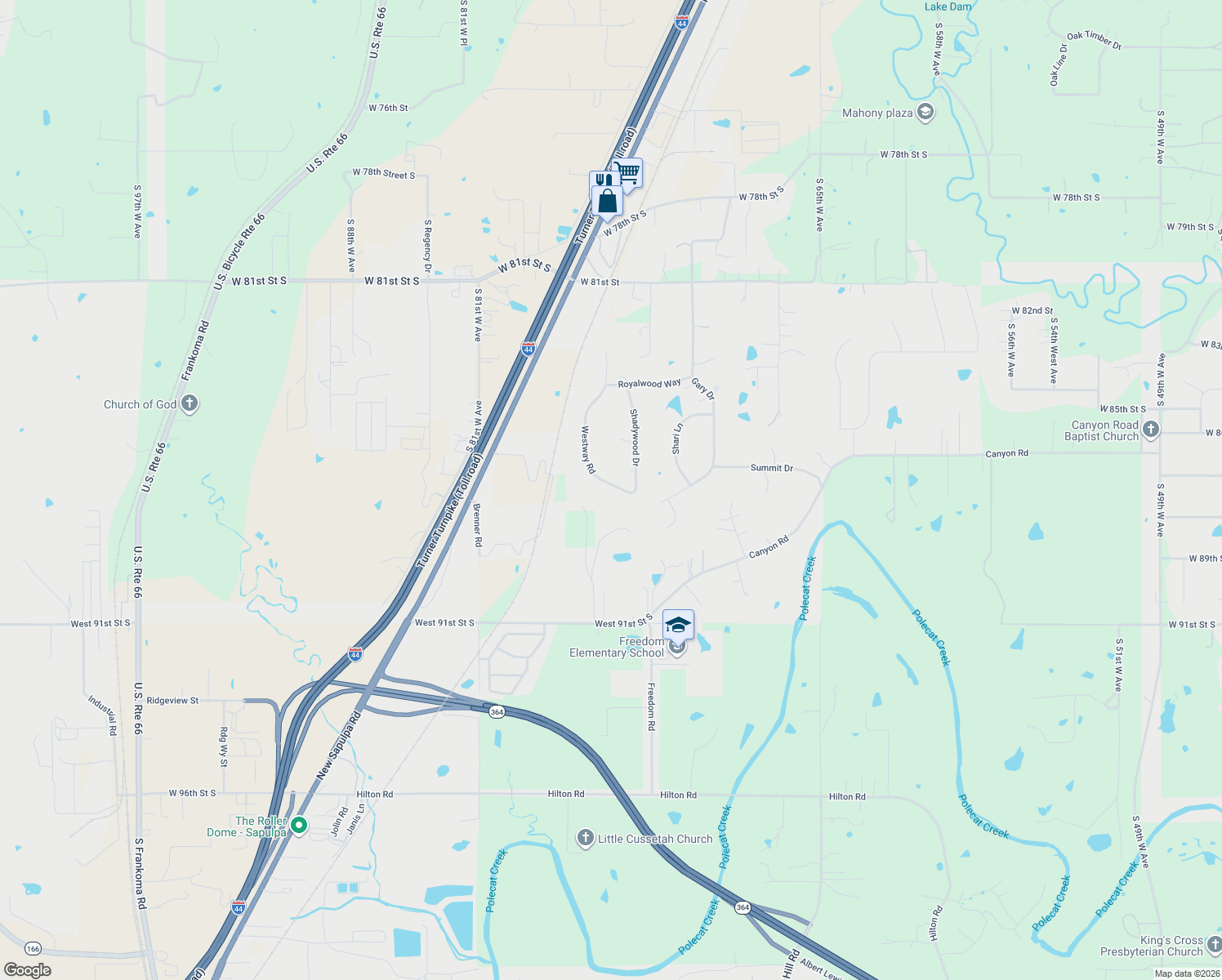 map of restaurants, bars, coffee shops, grocery stores, and more near 8714 Westway Road in Tulsa