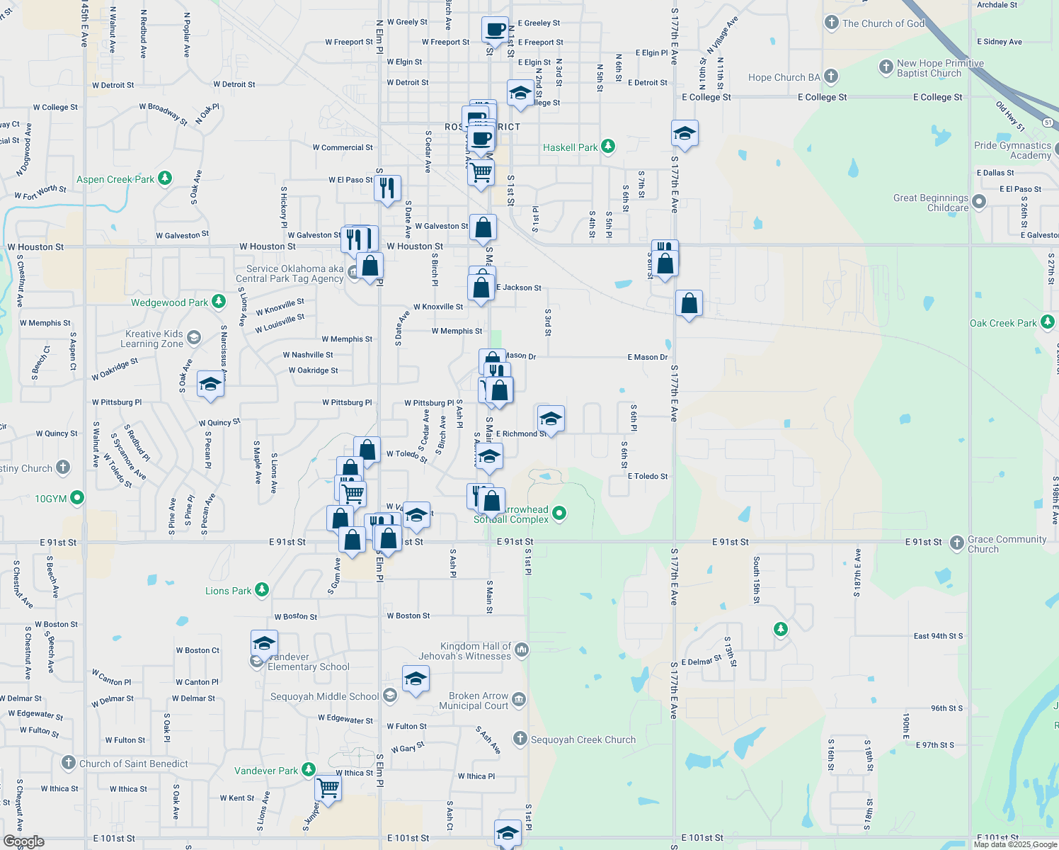 map of restaurants, bars, coffee shops, grocery stores, and more near 1632 South 2nd Street in Broken Arrow