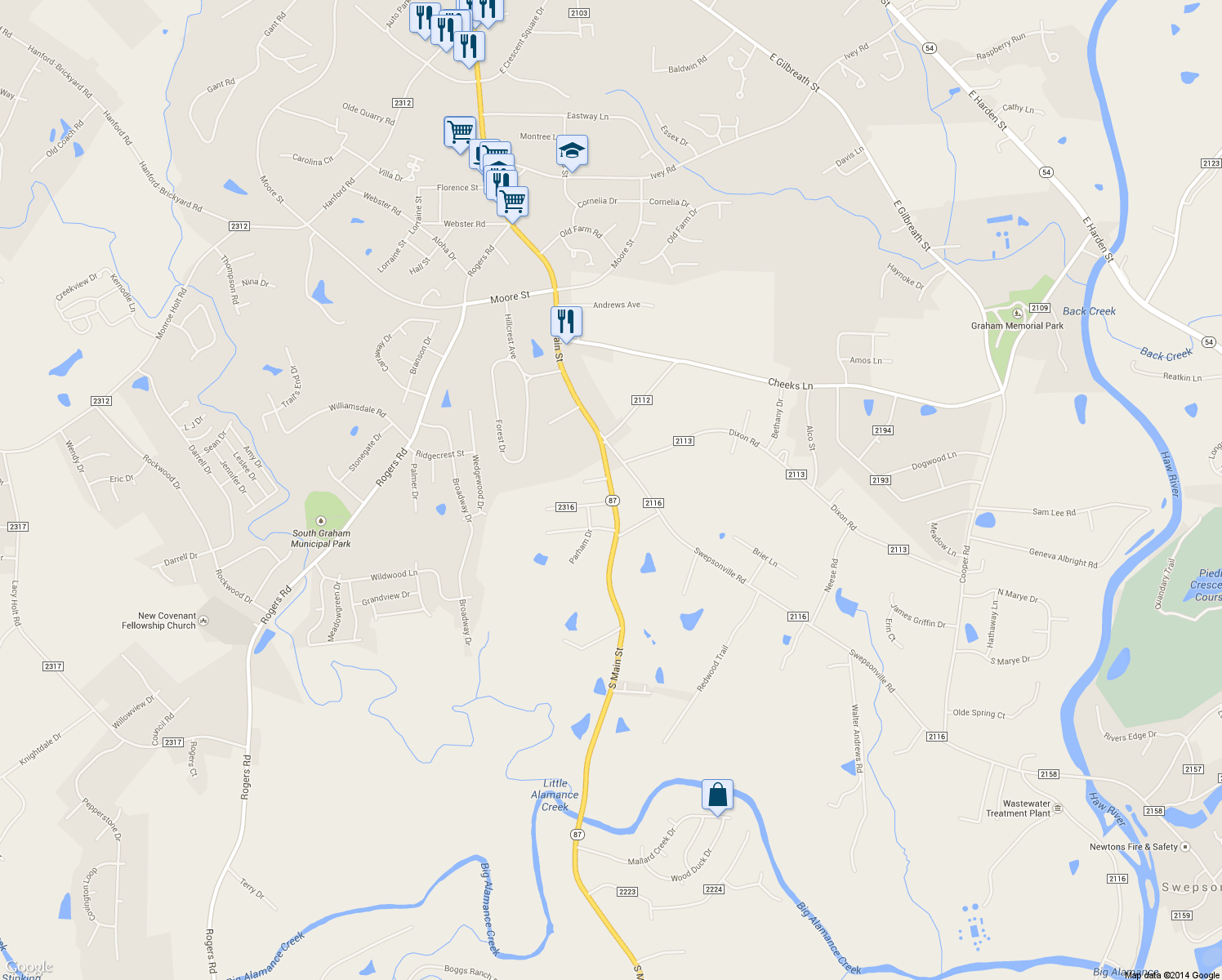 map of restaurants, bars, coffee shops, grocery stores, and more near S Main St in Graham