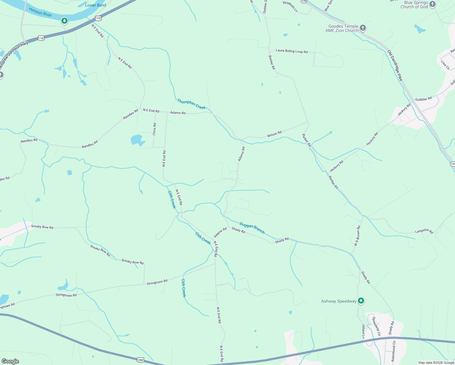 map of restaurants, bars, coffee shops, grocery stores, and more near 717 Adams Road in Strawberry Plains