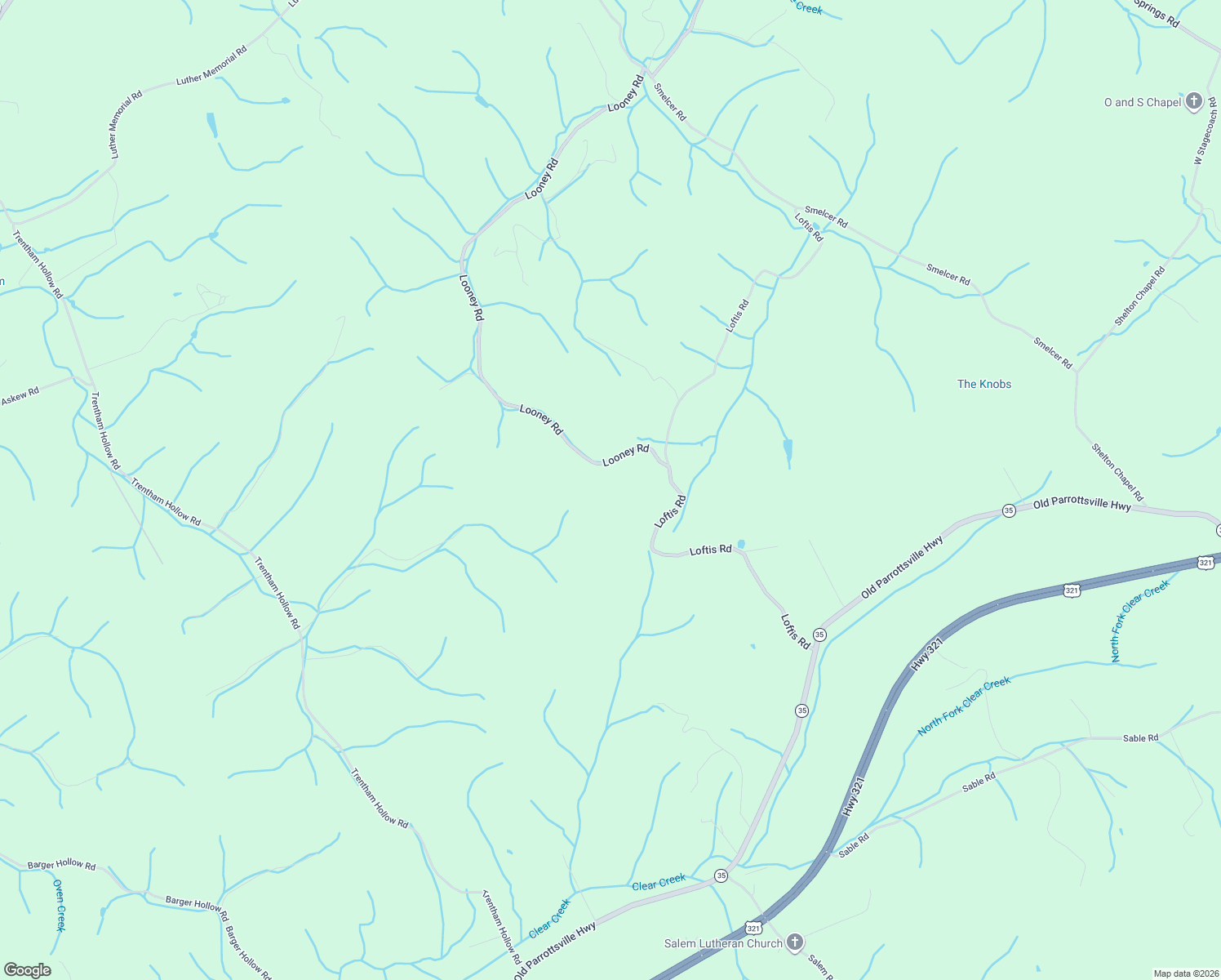 map of restaurants, bars, coffee shops, grocery stores, and more near 2895 Looney Road in Parrottsville